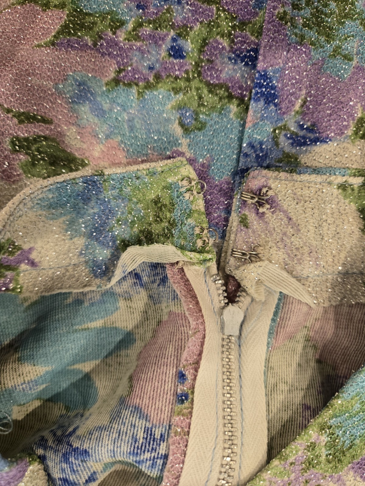 60s VTG Sparkle Psychedelic Purple Green White Floral Dress Md Maxi Mermaid