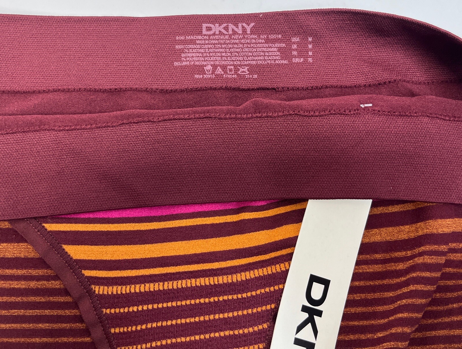 Vtg 2008 DKNY Low Rise No Line Striped Bikini Panty Womens Sz M Burgundy &Gold