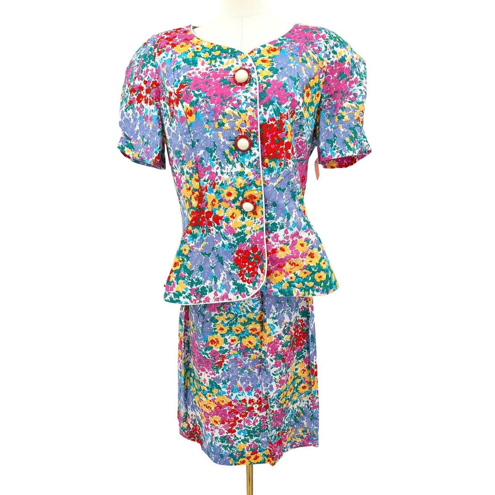 Leslie Fay Vintage 80s Floral Two Piece Set Sz 14 Jacket Skirt 100% Cotton Retro