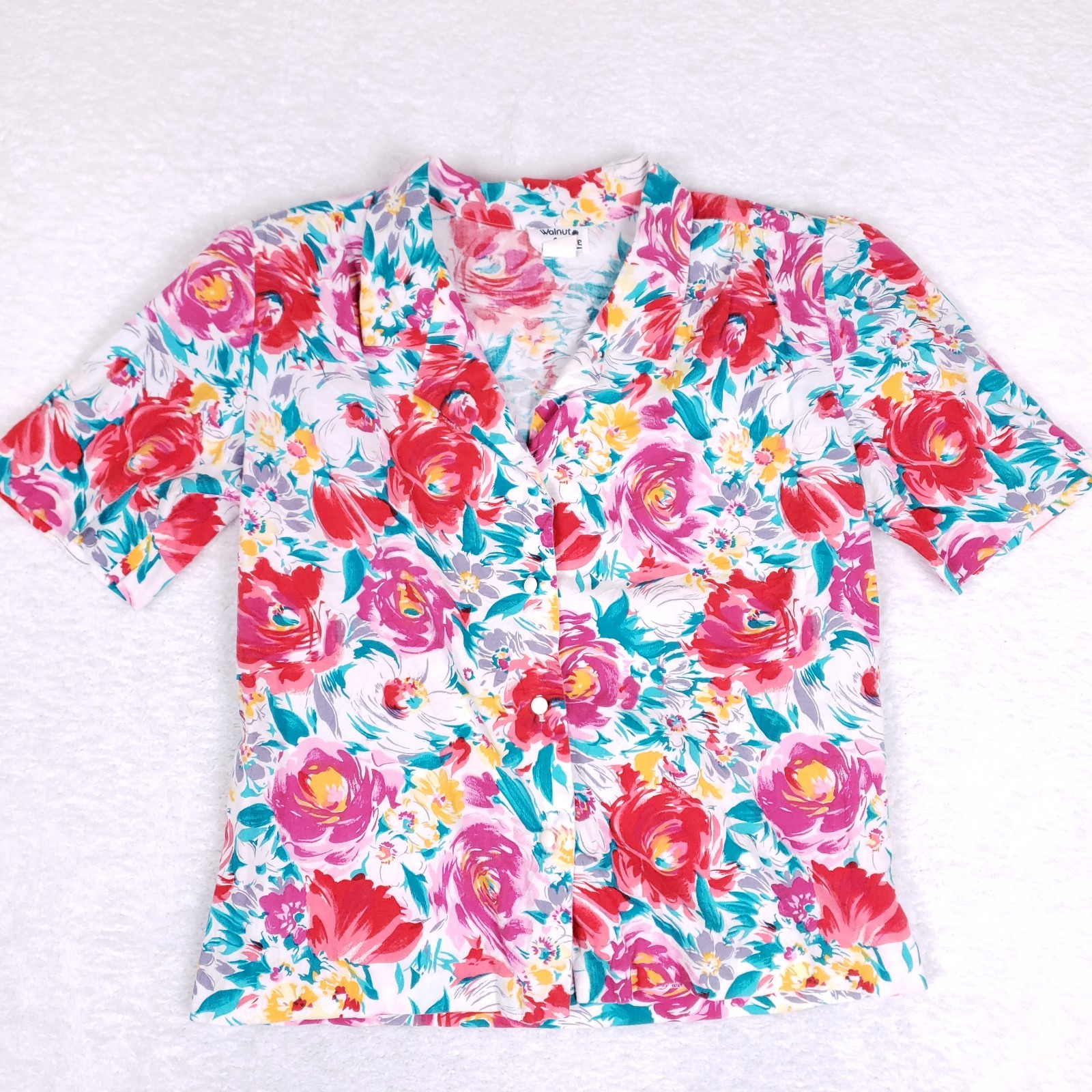 Vintage 90s Walnut Square Floral Shirt Size 8 Bold Print Boho Grandmacore USA