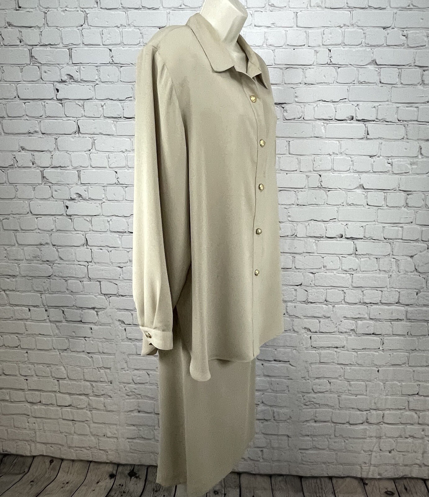 VTG Da Rue Tan Blouse Skirt Set Gold Button Long Sleeve USA Made Plus Size 18/20