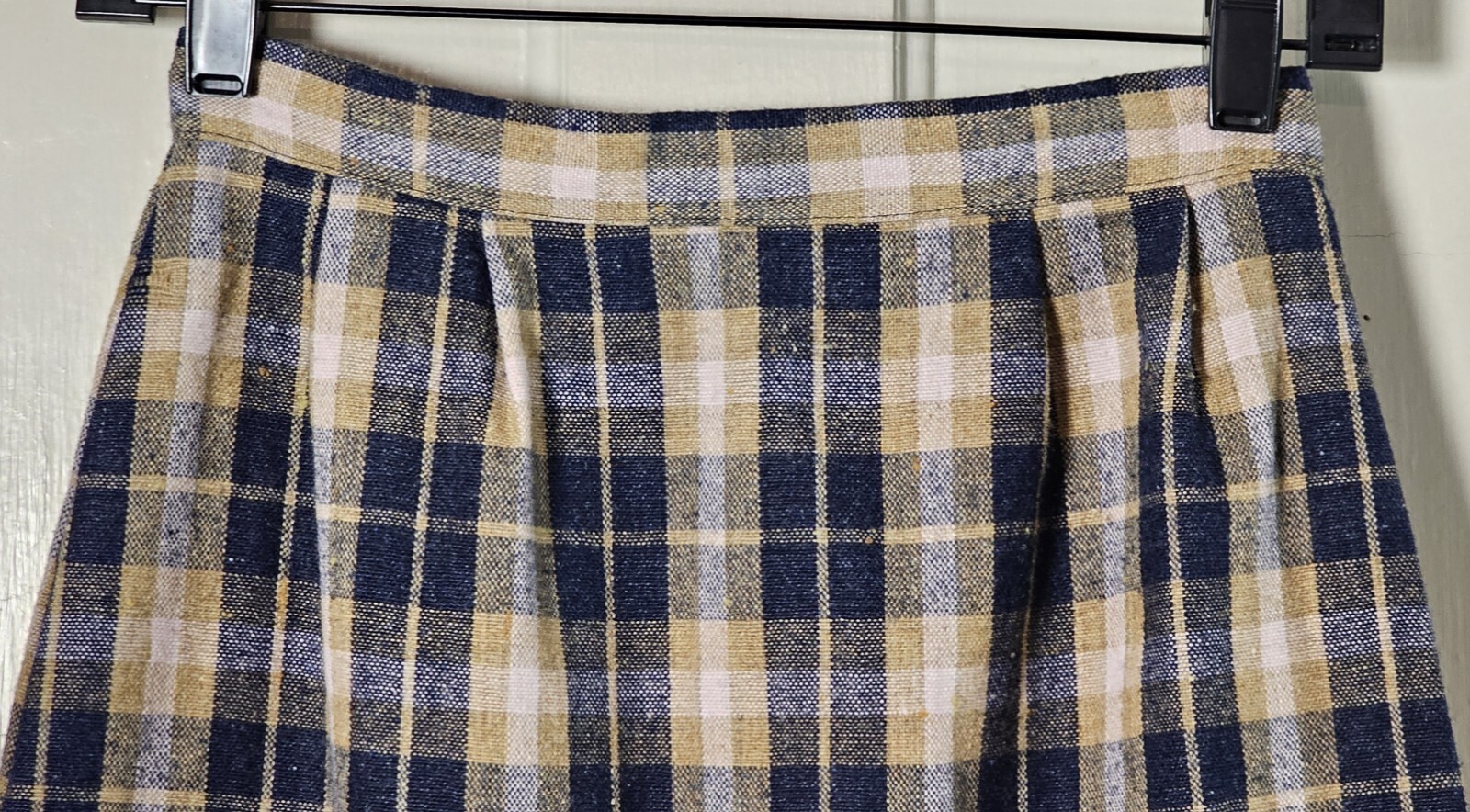 VTG 80’S Wool Pencil Skirt Women XS Blue Tan Pink Plaid Tartan Pleated Academia