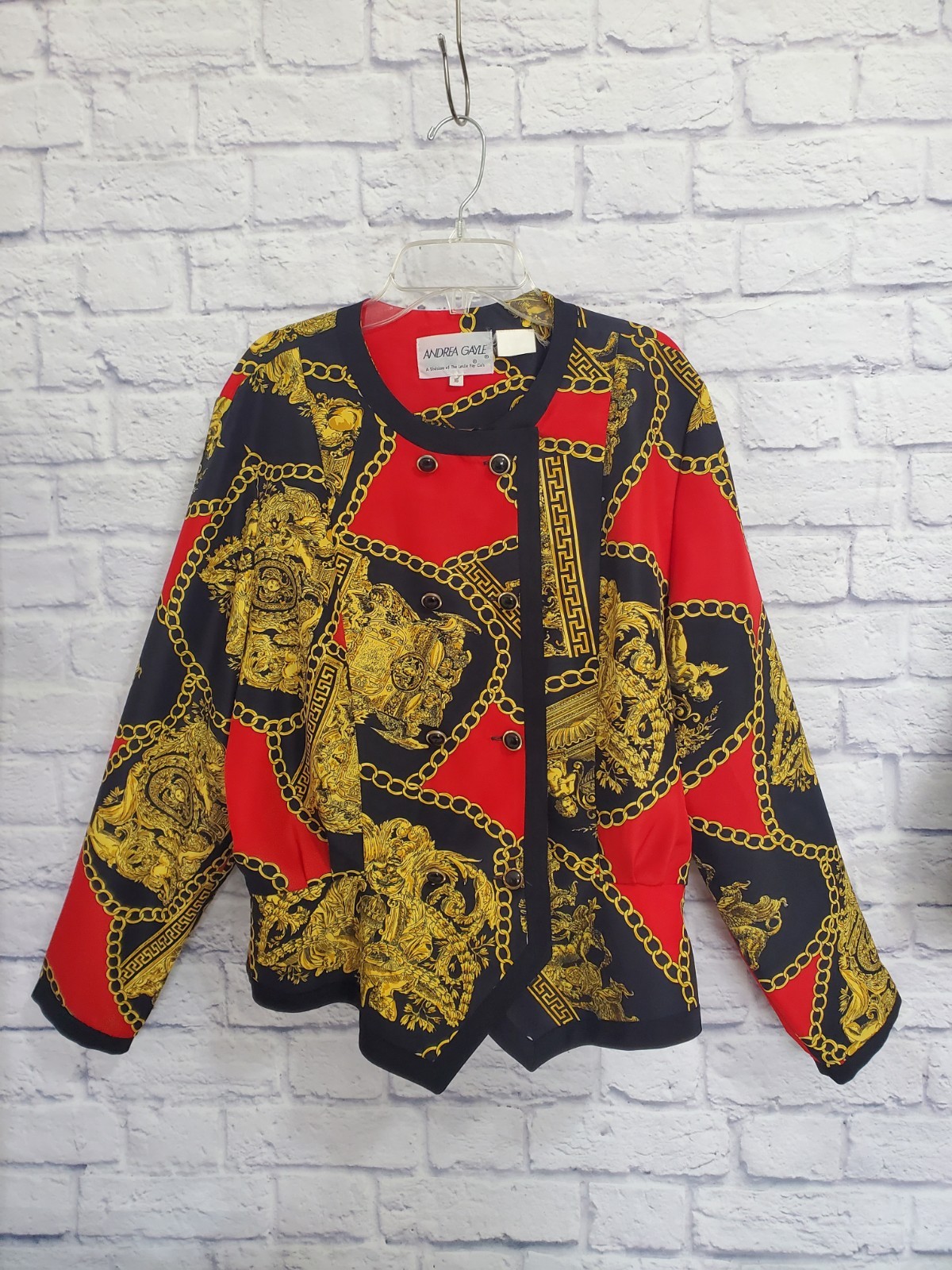 Vintage Baroque Chain Print Jacket Blouse Red Black Gold Button Front Size L XL