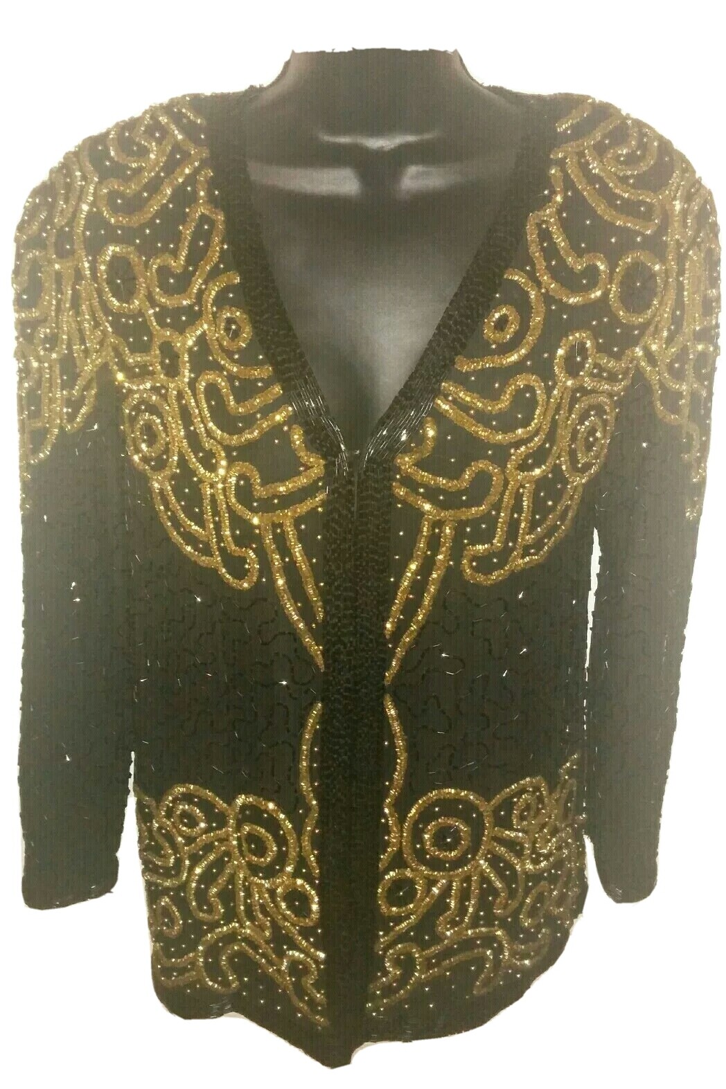 Vtg 80’s Nite Waves By Samir Suri Heavily Beaded & Sequin Gold Black Silk Jacket