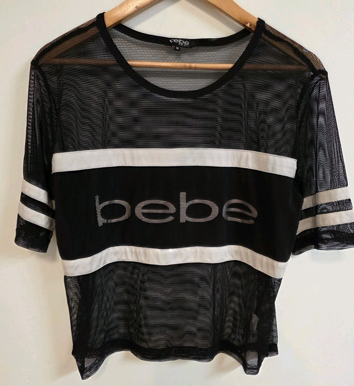Vintage BEBE Sport Mesh Top Black White Jersey Style Size M
