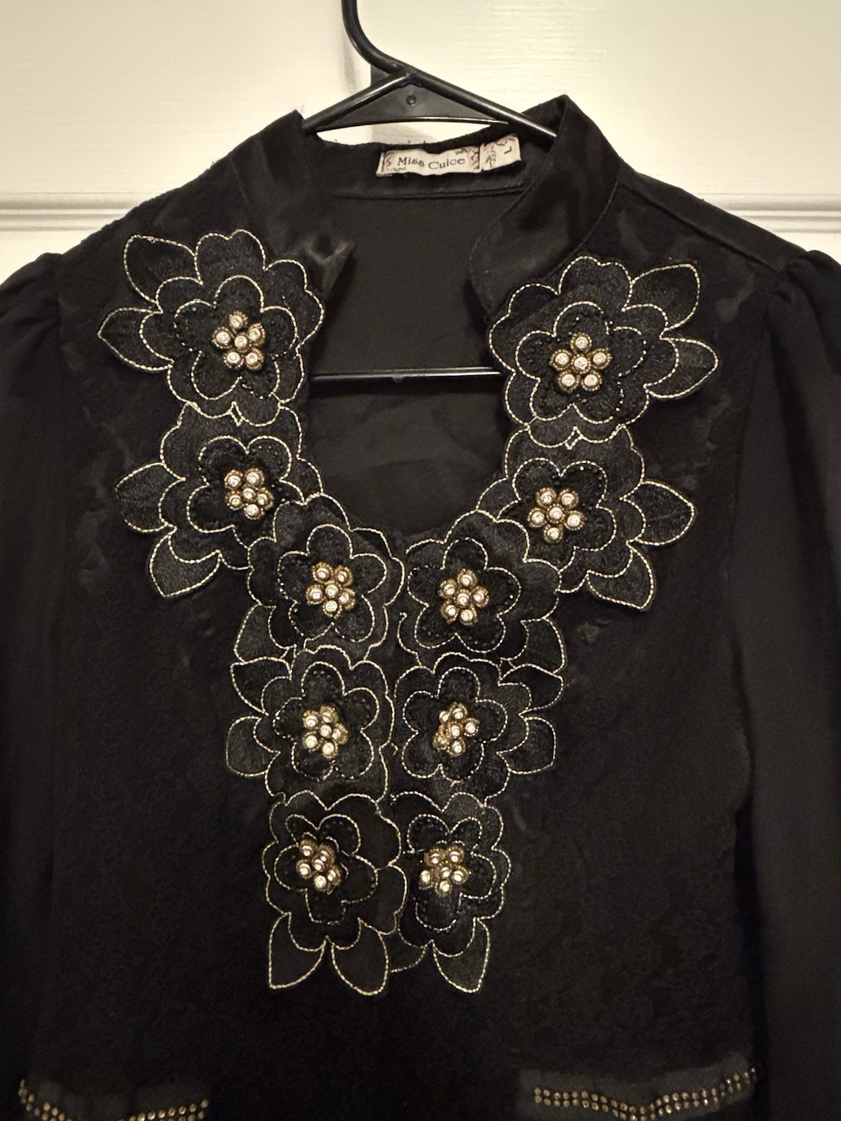 Vintage Victorian Black Jacket Embellished Lace Blouse Appliqué Beads Sequins