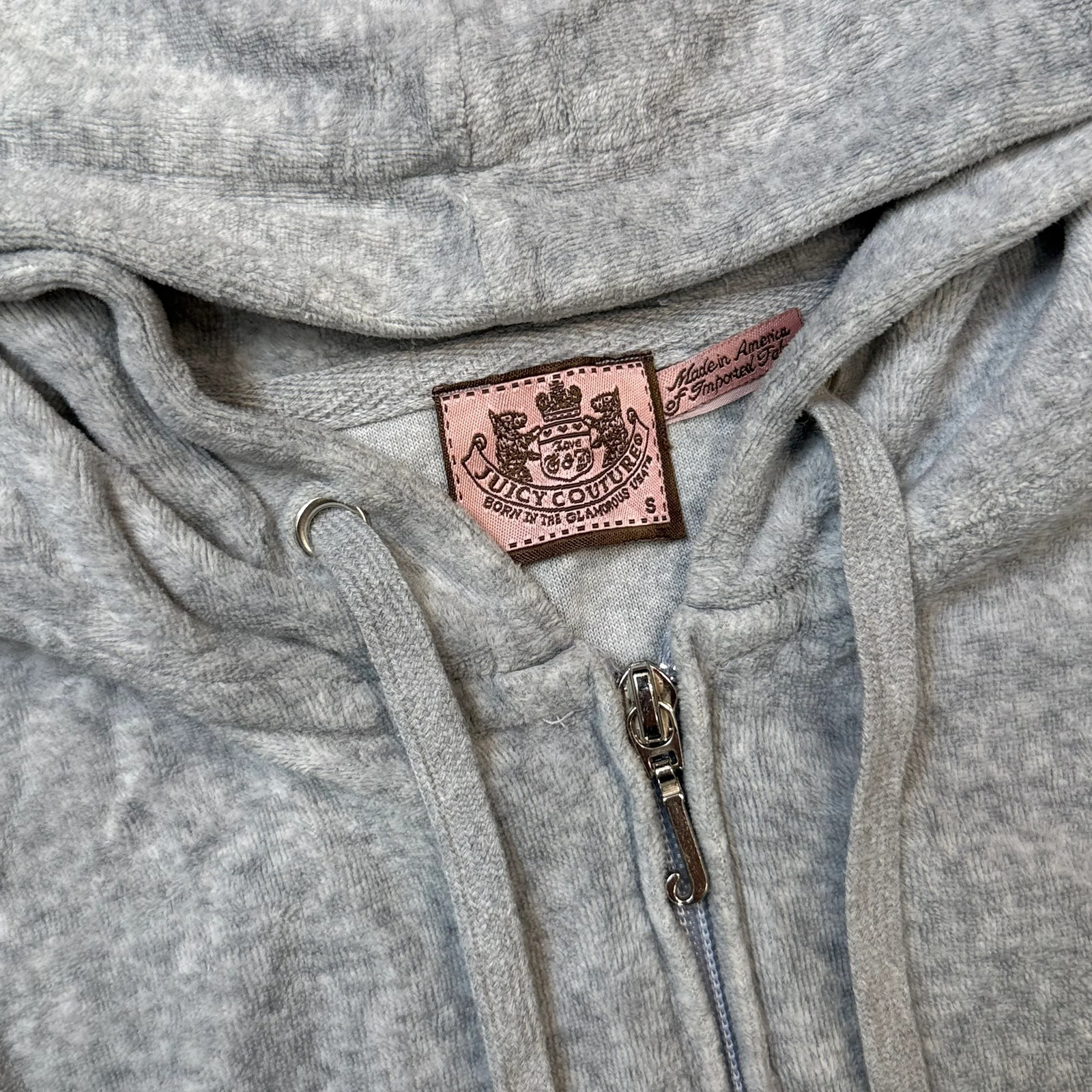 Vintage Juicy Couture Womens Heather Gray Velour Zip-Up Hoodie Drawstring Size S