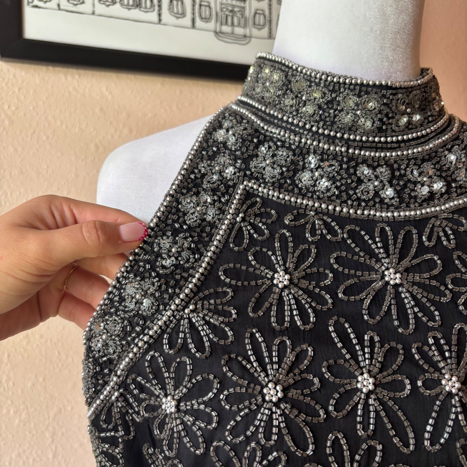 Vintage Papell Boutique Silk Beaded High Neck Blouse