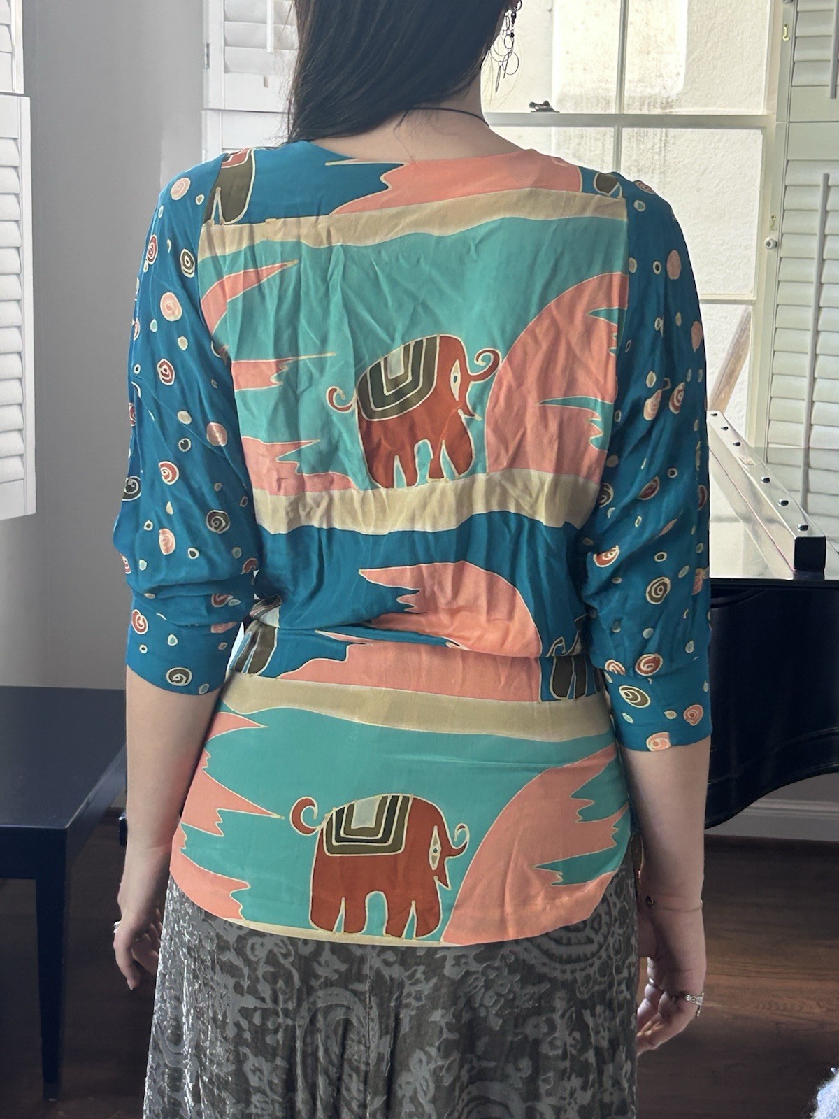 Vintage Silk Scapes M Hand Dyed 100% Silk Blouse Drop Waist Elephants
