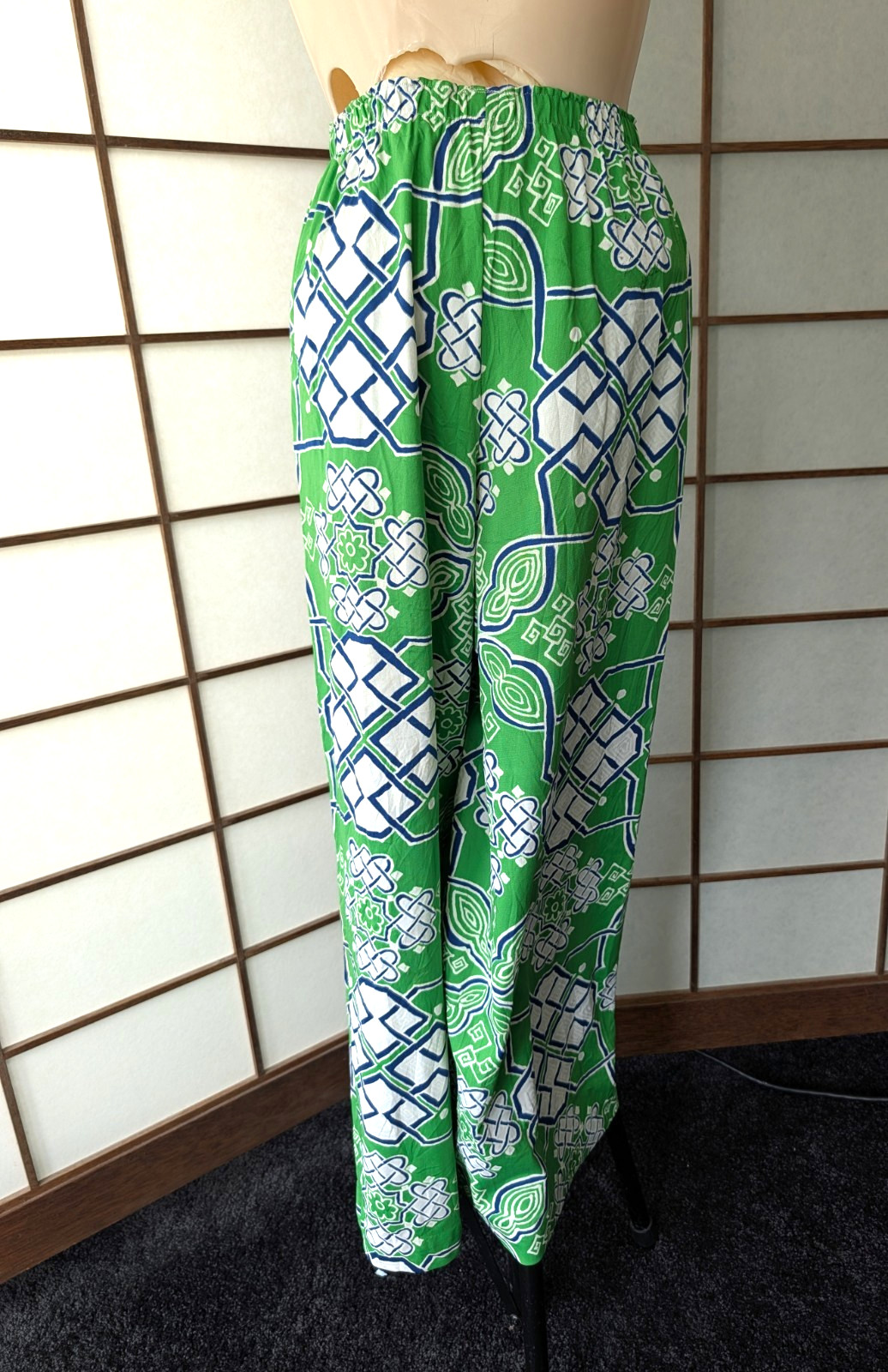 Vintage Nylon Palazzo Lounge Pajama Pants Elastic Waist Lingerie Green Blue M/L
