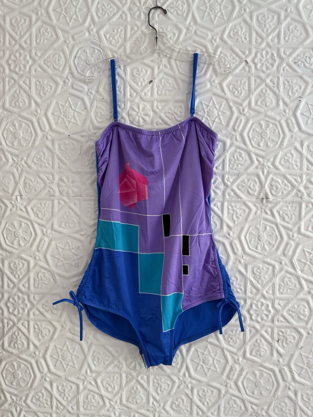 1980s vintage avon swimsuit abstract pop art floral blue purple pink swimsuit
