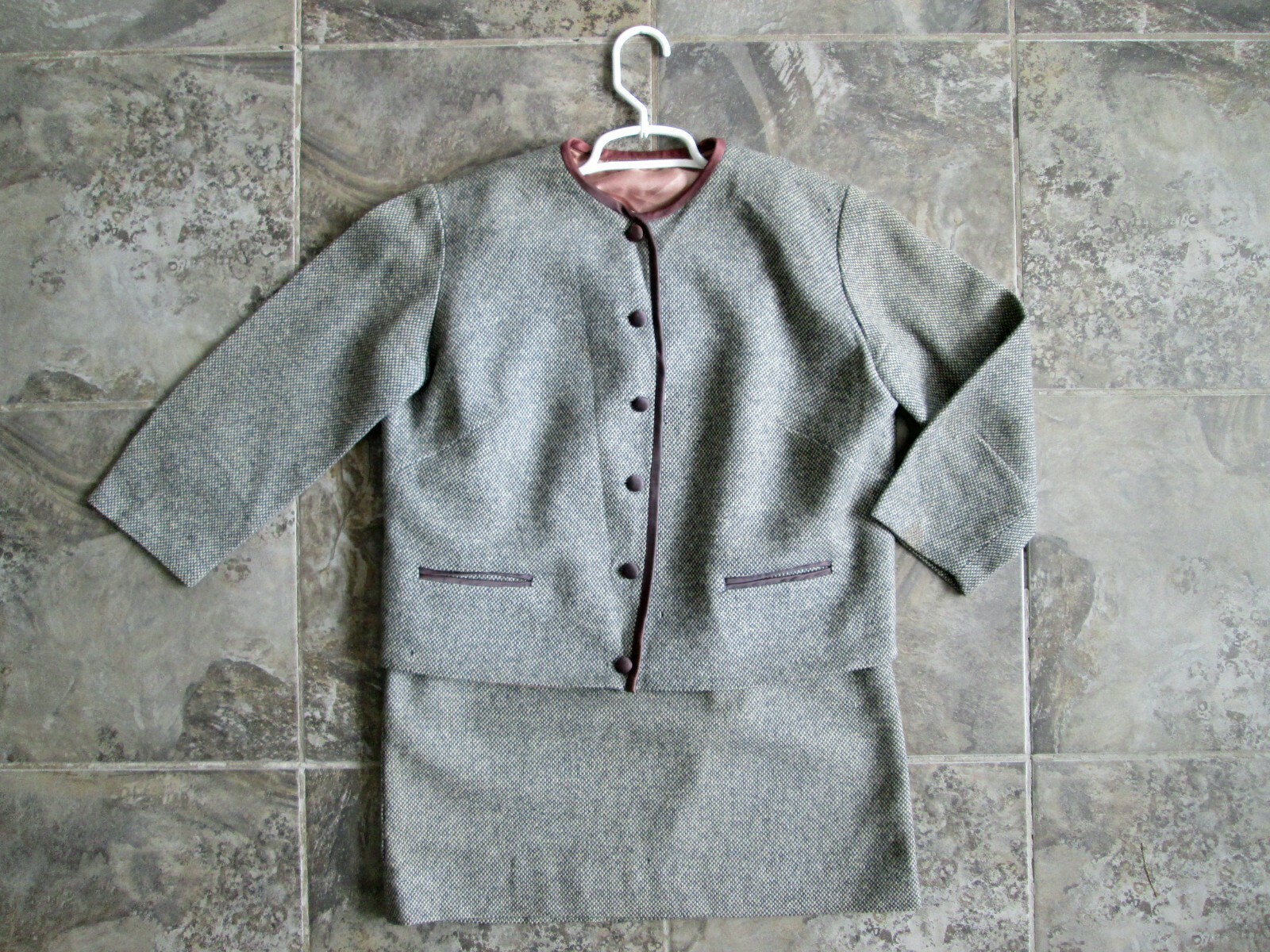 VTG Original Suit Skirt Set Jacket Medium Wool Gray White Purple Checkered Lined