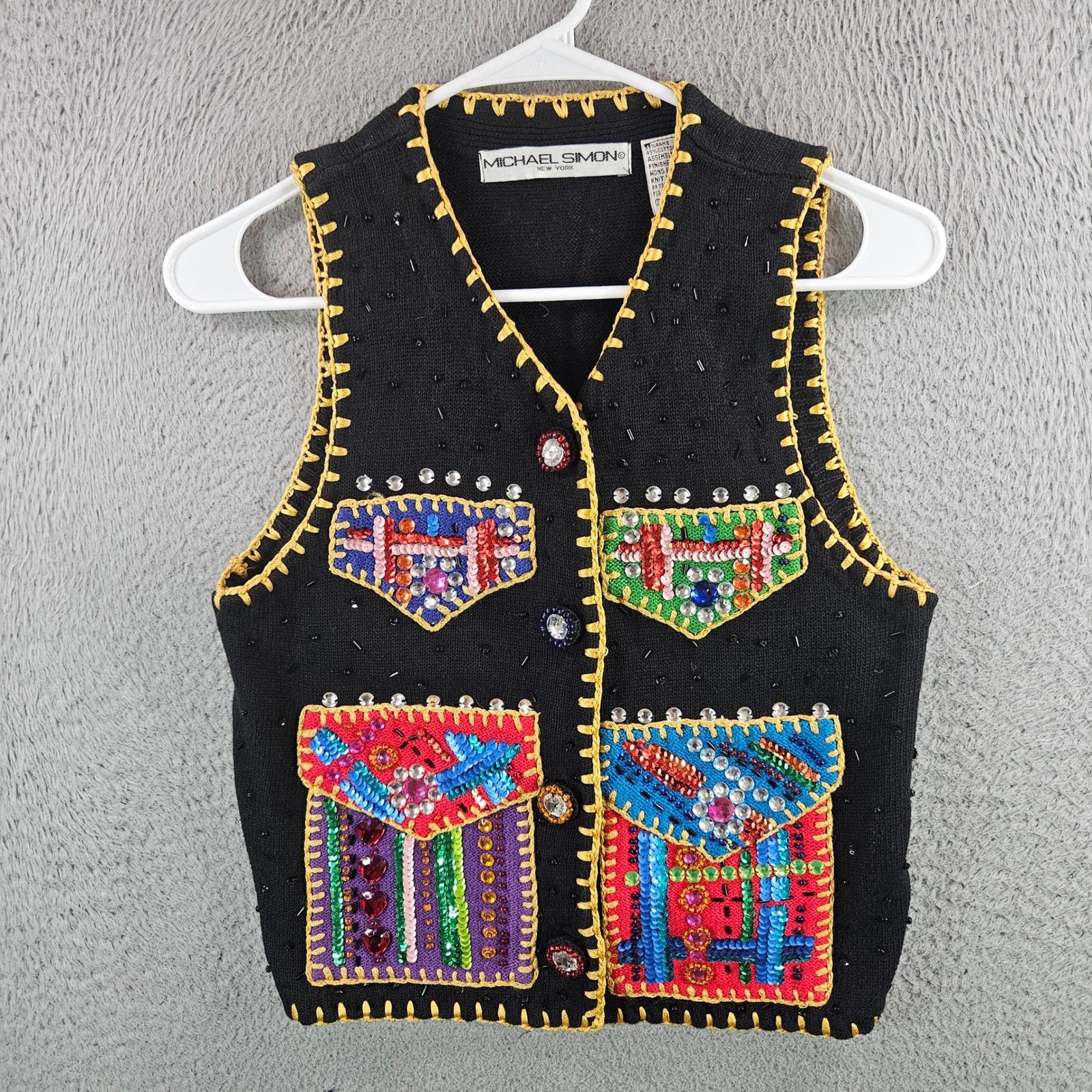 Michael Simon New York Vintage Beaded Sequin Knit Vest Black Size M Womens