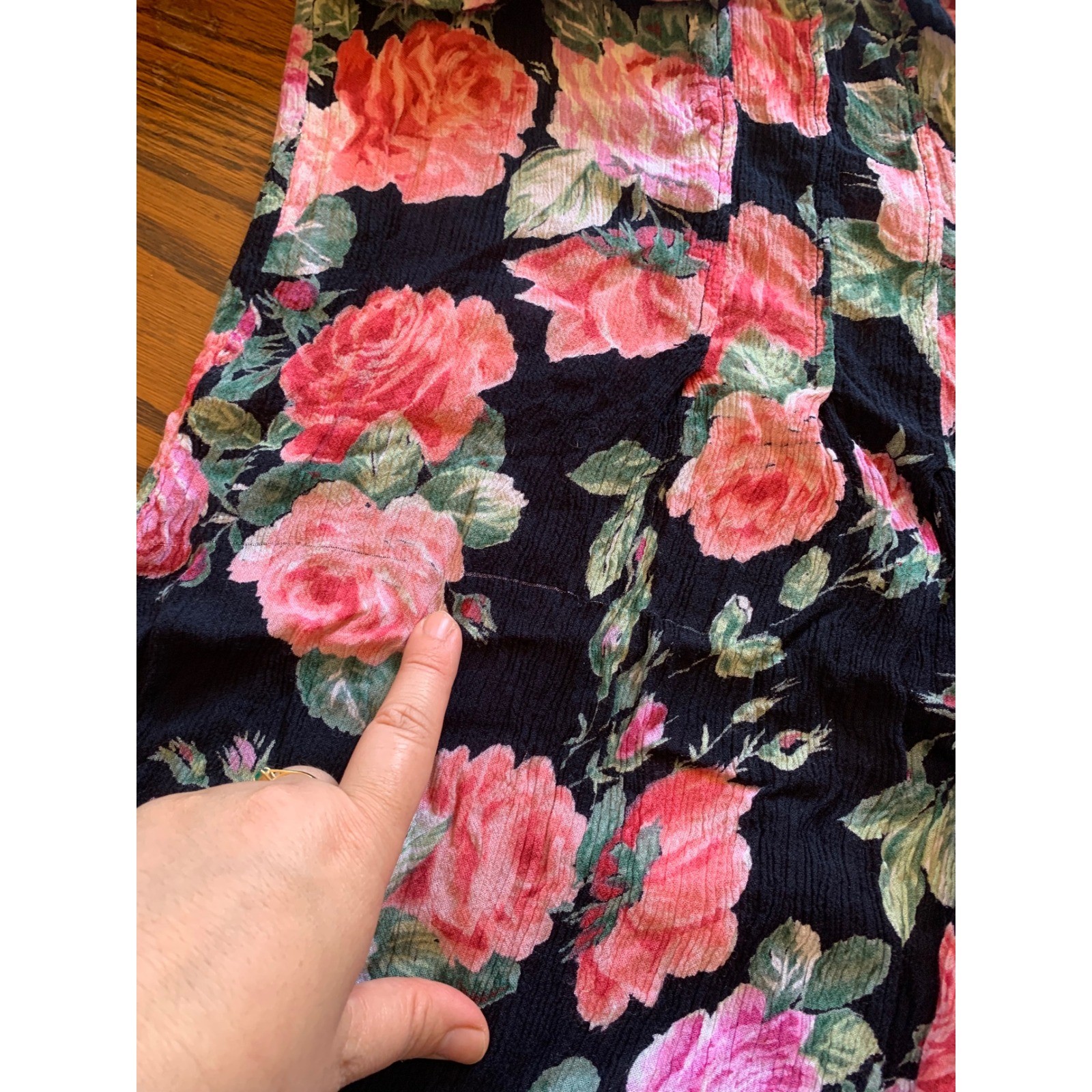 La Cera Vintage 90s Floral Rayon Crepe Midi Dress XL Black Pink Rose Cottagecore