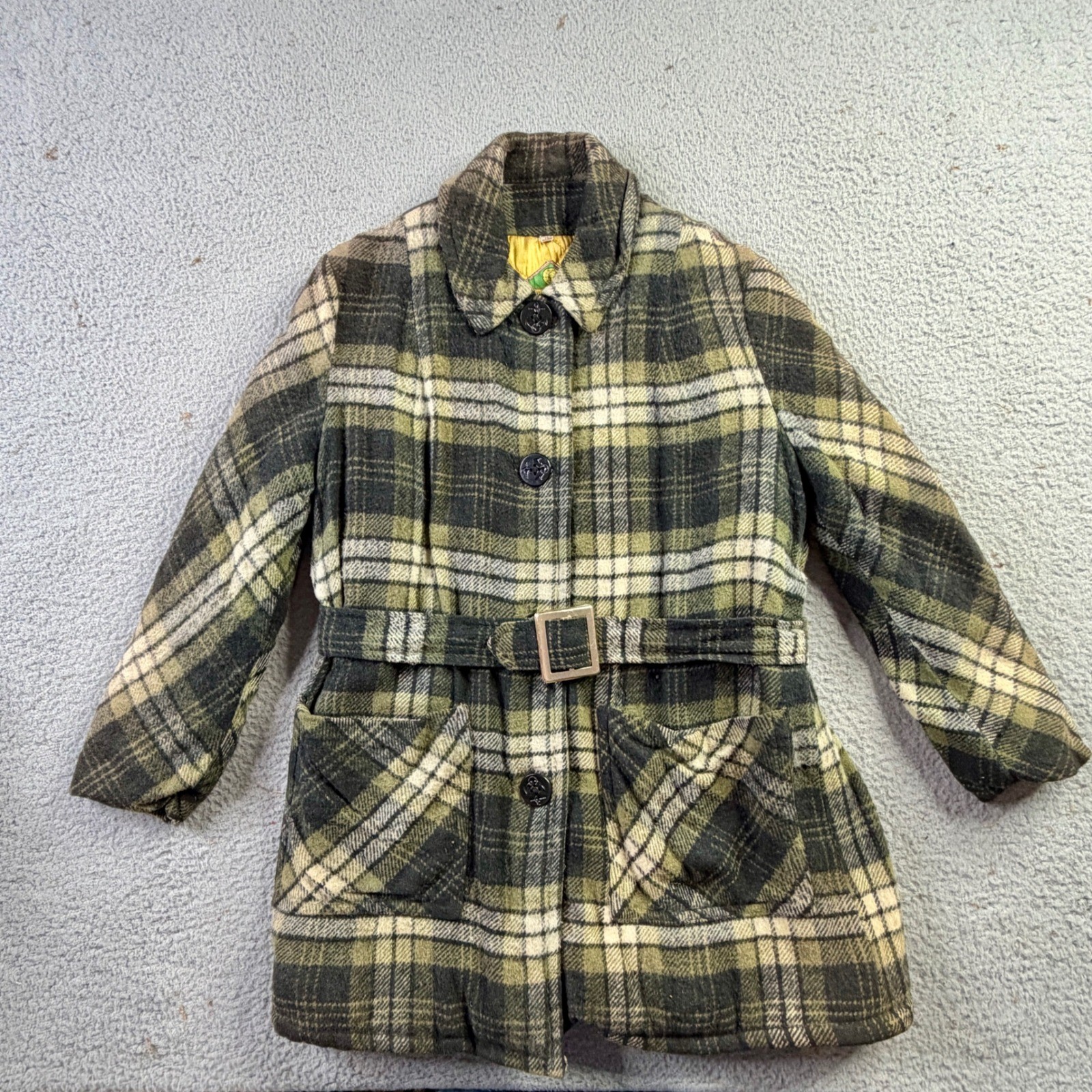 Vintage Materia Di Italia Green Plaid Belted Wool Coat Anchor Buttons Size 14