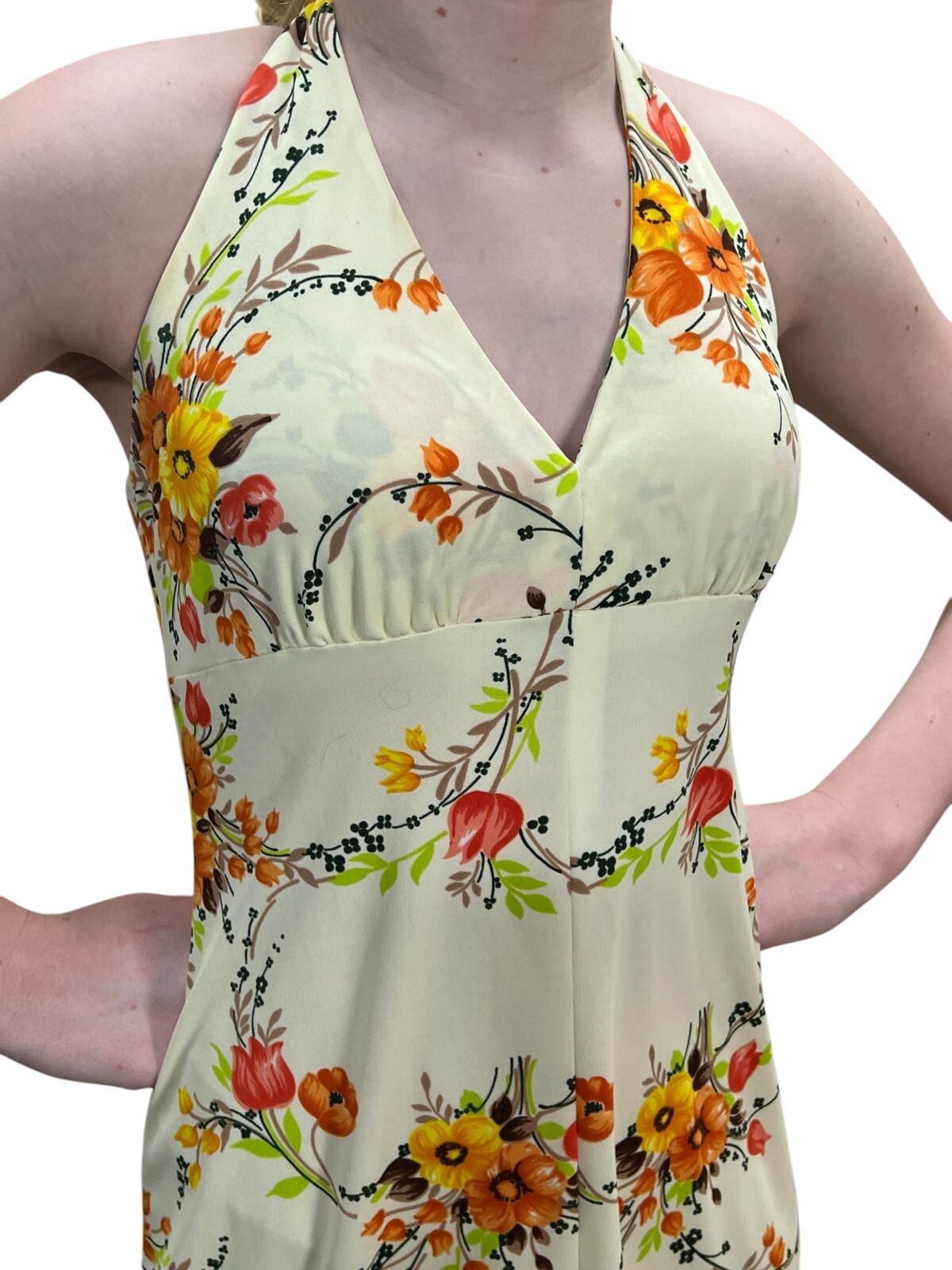 S Vtg 60s 70s Maxi Dress Lined HALTER Open Back ORANGE Floral Flat Knit Boho