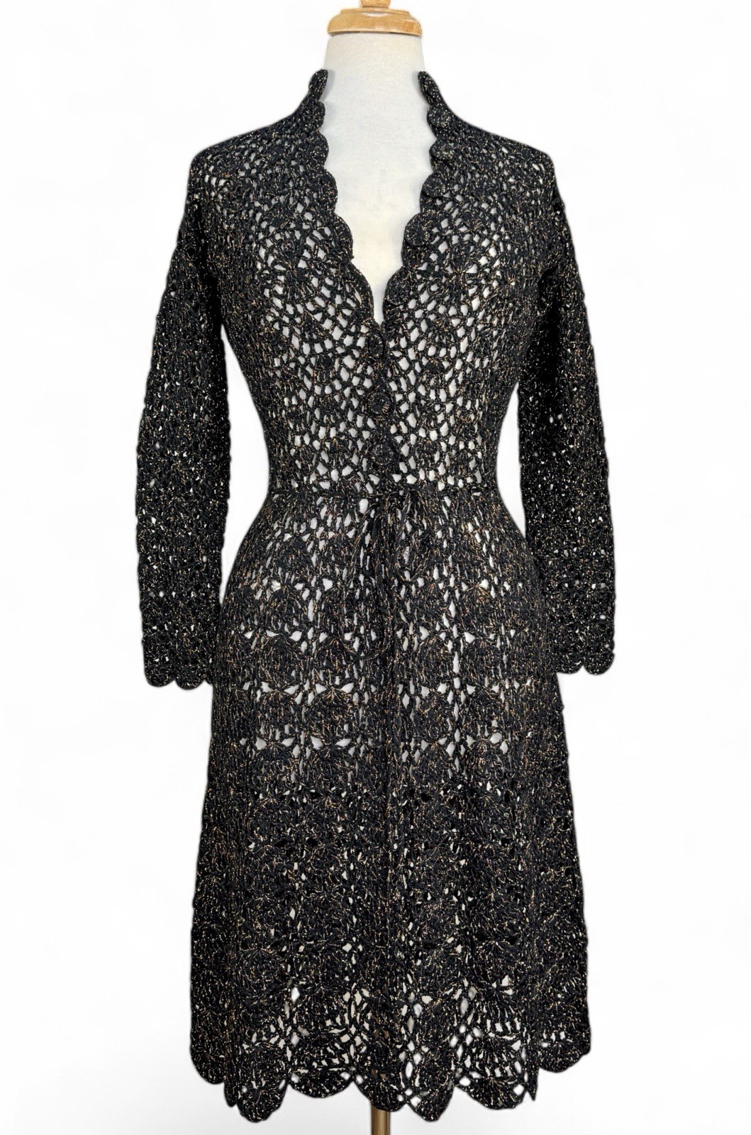 VNTG 70s Open Work Crocheted Dress Black W/Metallic Bronze Scalloped Edge – READ
