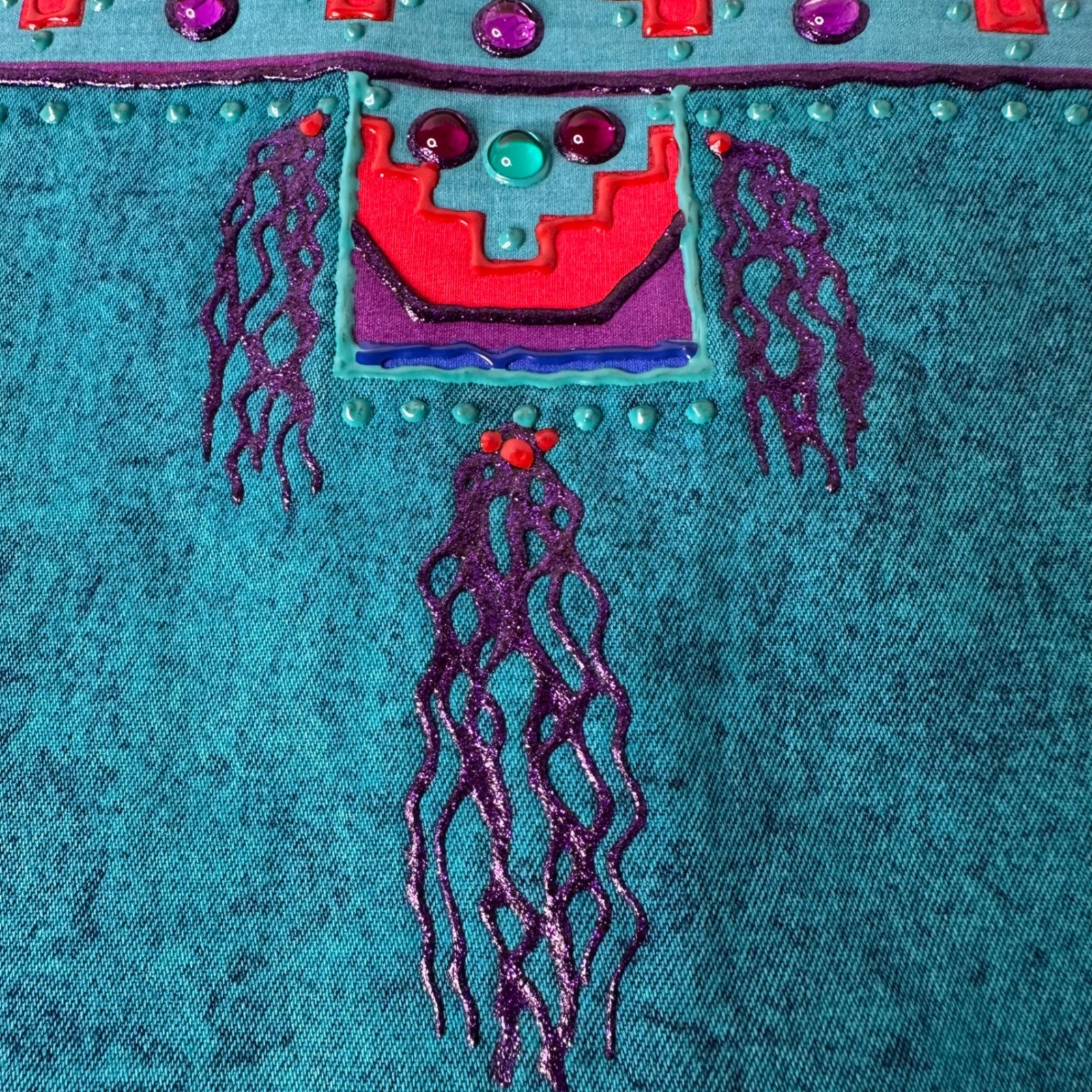 Vtg Turquoise Tyrtle Painted Design Wear Vest Southwestern Acid Wash Festival OS