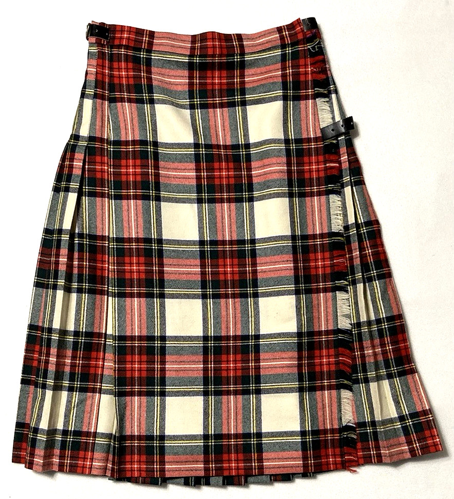 Vintage Wrap Skirt Academia Fringe Pleats Plaid Buckle Wool Scottish Lion Small