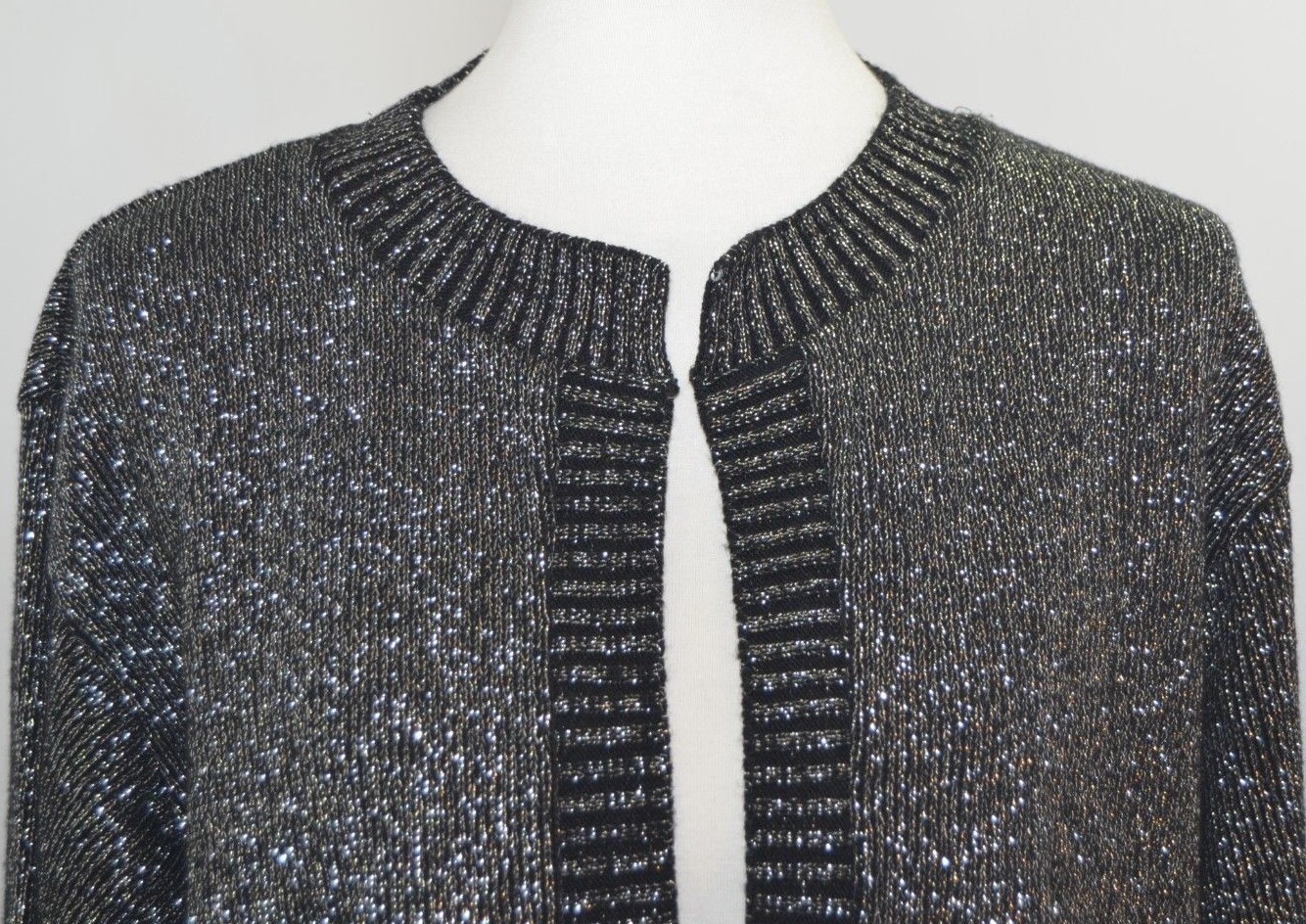 VTG Bedford Fair Black Silver Glittery open Front Cardigan Womens XL USA Made