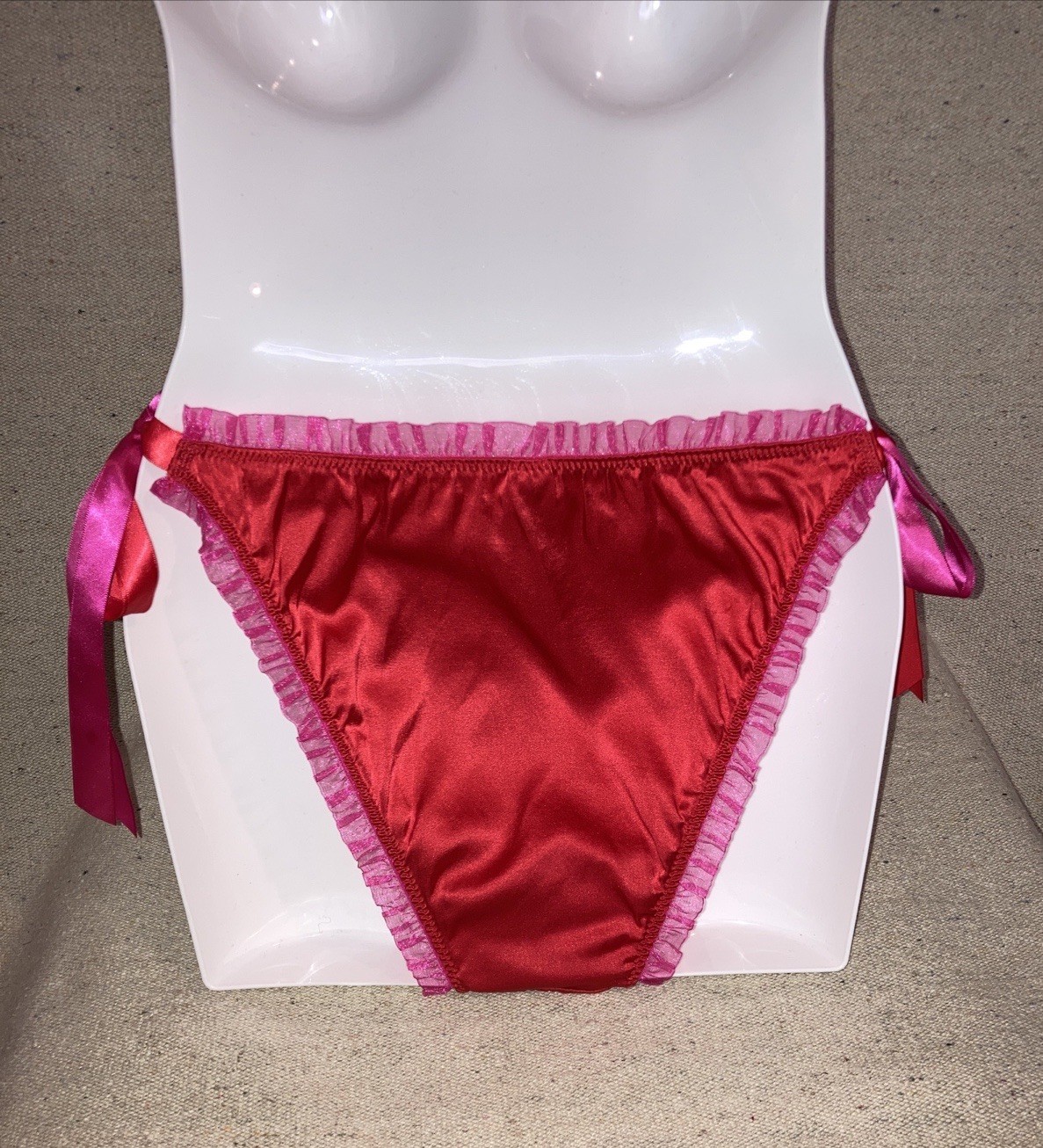 Victoria’s Secret Red Silk Satin Pink Ribbon Side Tie String Bikini Panties M L
