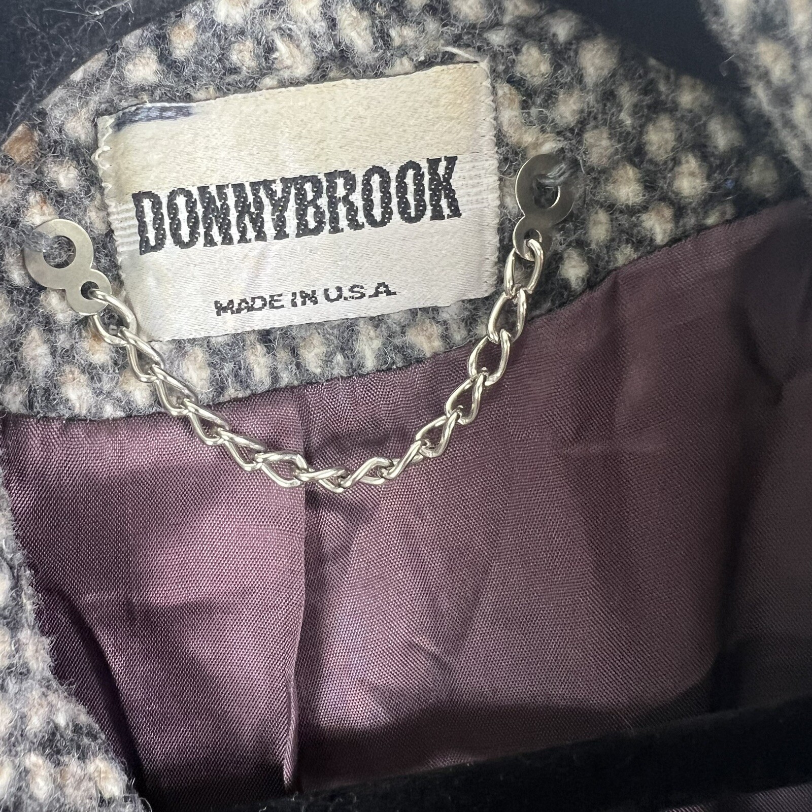 Vintage 80s Donnybrook Wool Blend Suede Trim Mid Length Diamond Tweed ILGWU USA