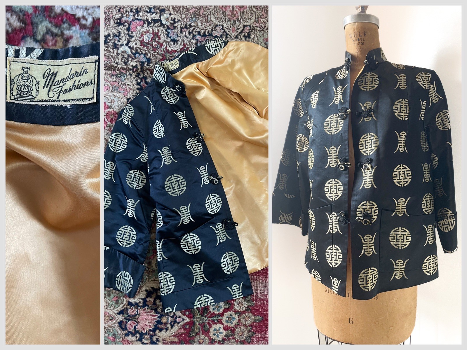 True Vintage 1950’s Chinese Cocktail Jacket Black & Gold Silk S Petite