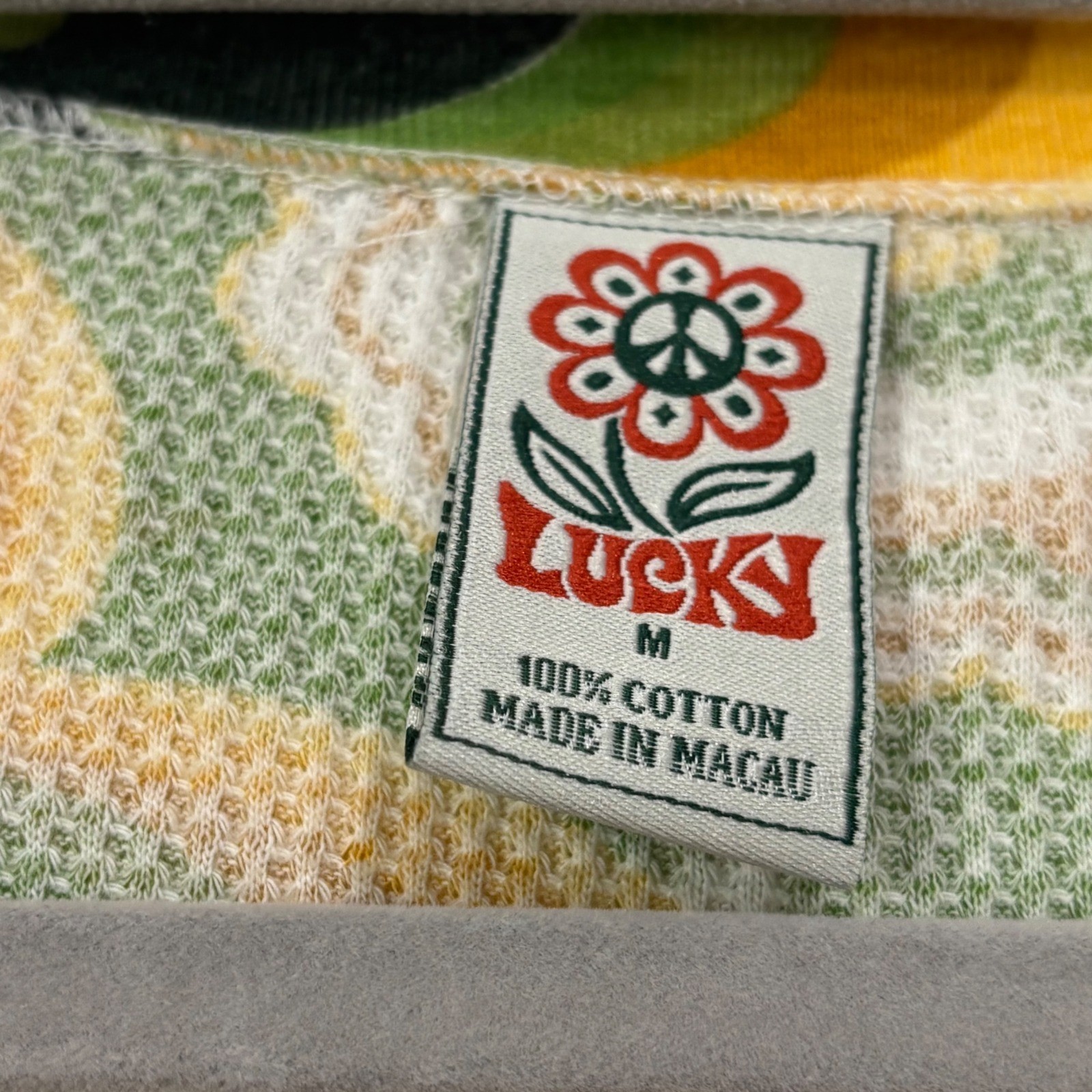 Lucky Brand Y2K Retro Floral Waffle Knit Henley Thermal Top Green Yellow