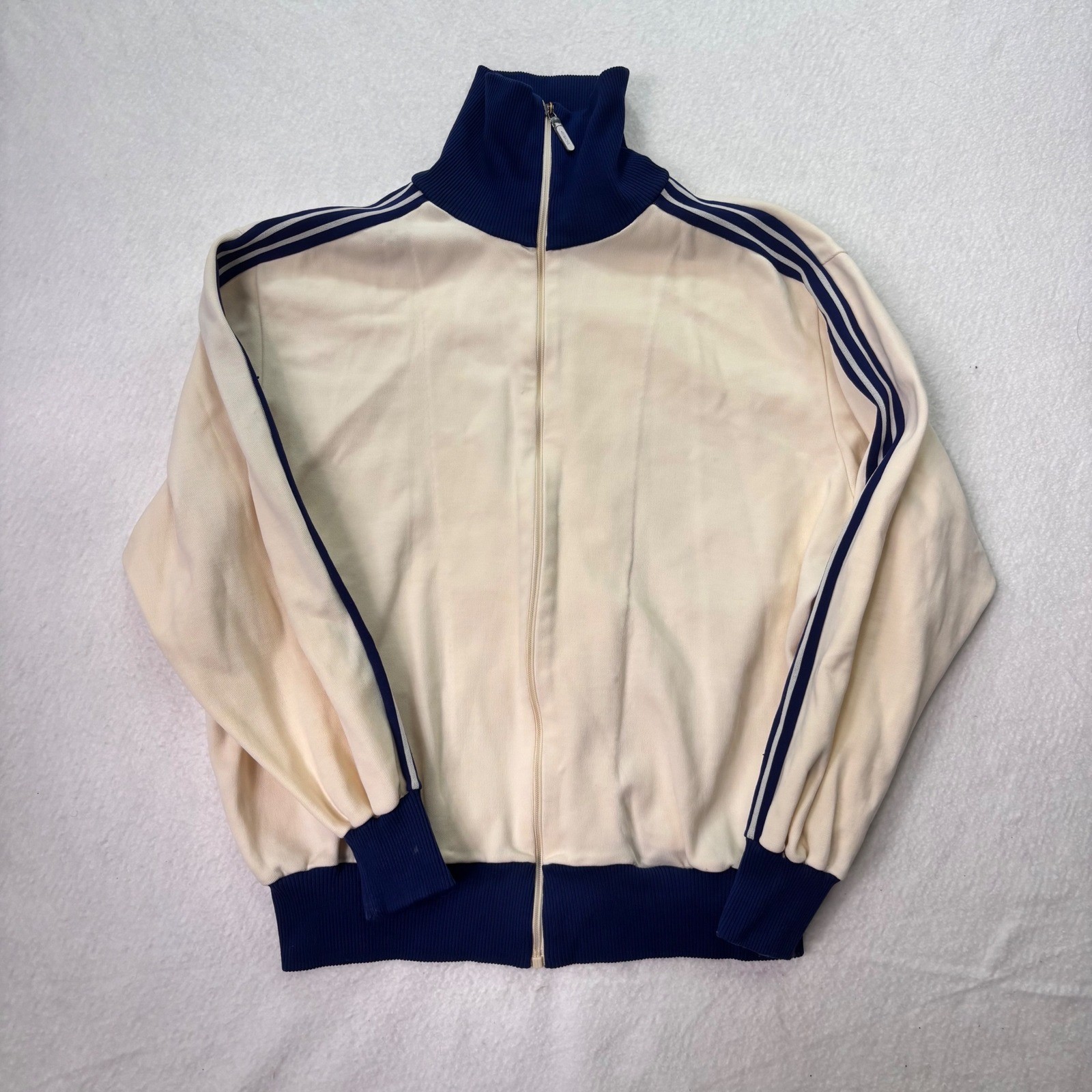 80s Vintage Adidas Track Jacket Womens L Cream Navy Blue 3 Stripe Full Zip
