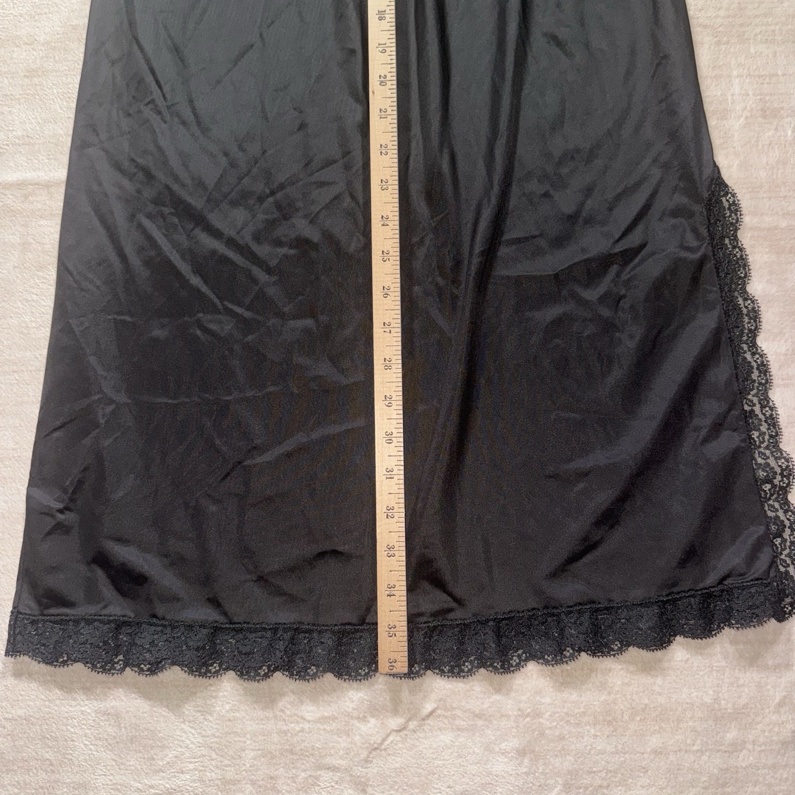 Vintage Velrose Black Maxi Slip Medium 36” Nylon Lace Trim Elastic Waist USA