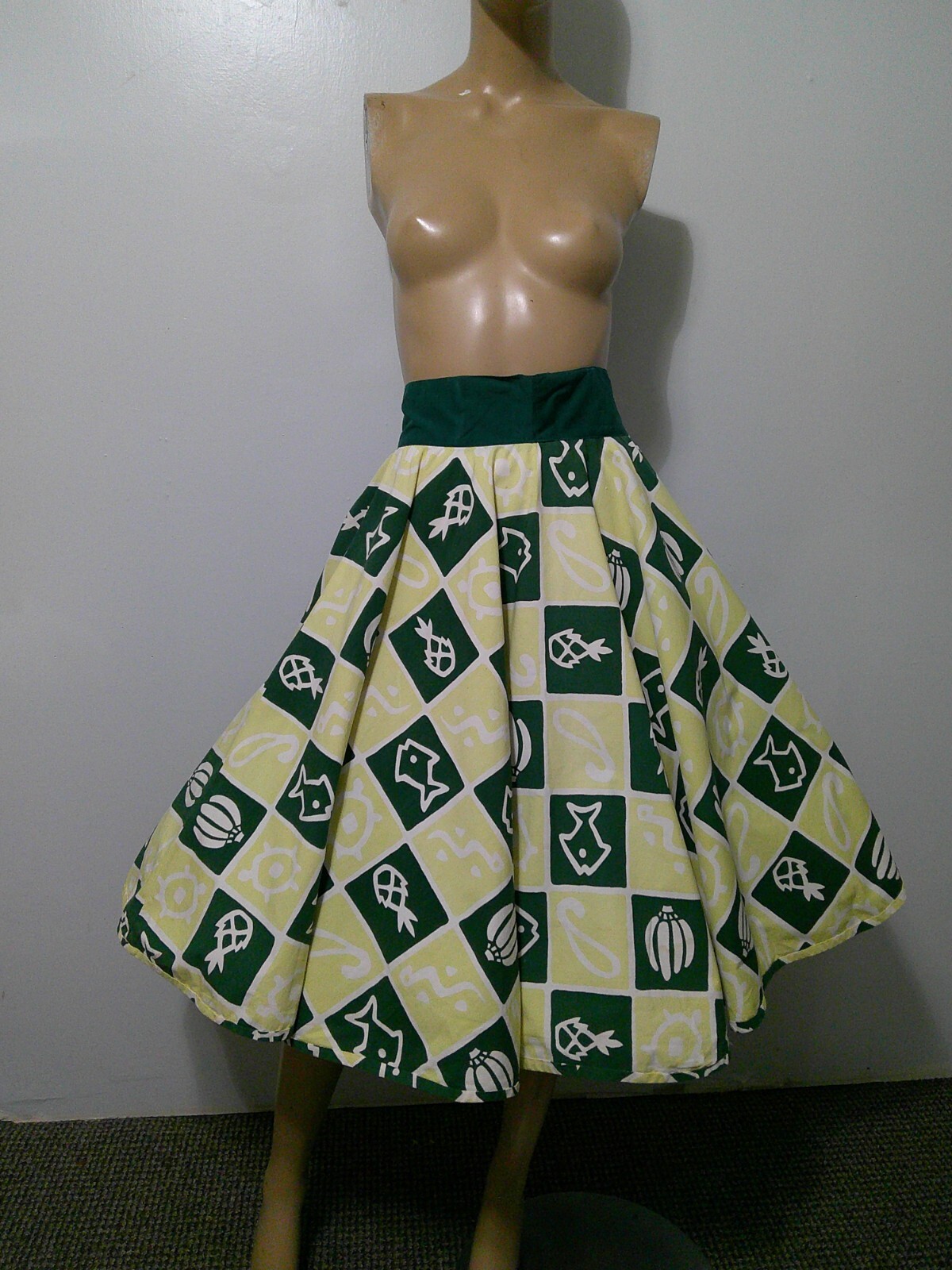 Vtg 50s Comida CARIB Elverhoj Handprint Novelty Cotton Full Circle Skirt Swing S