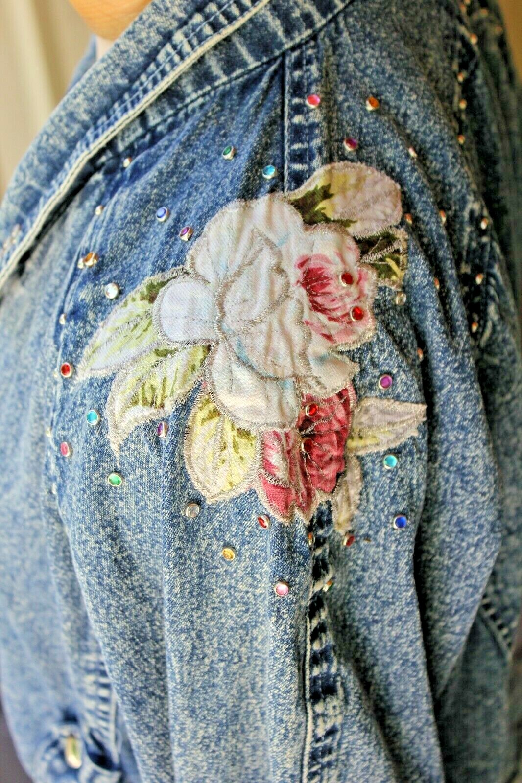 Vintage Denim 1980s Studded ladies M Jean Jacket floral bedazzle blue 90s floral