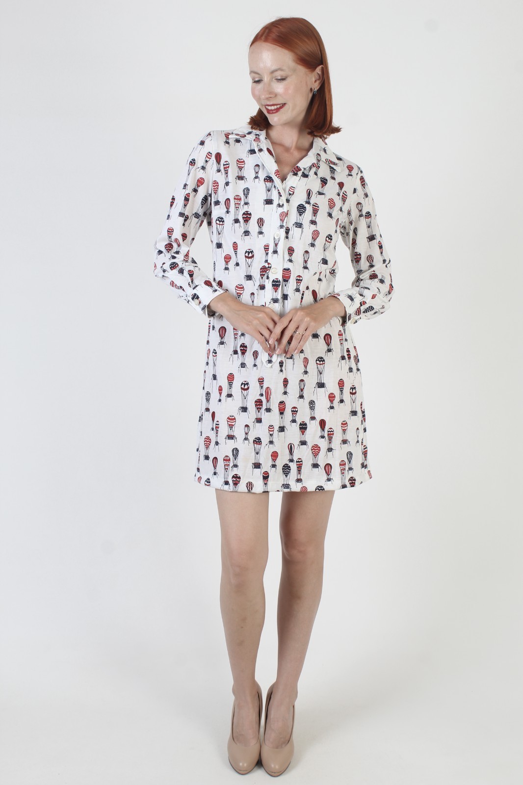 Vtg Hot Air Balloon Shirt Dress Dagger Collar Button Up Novelty Print Sundress