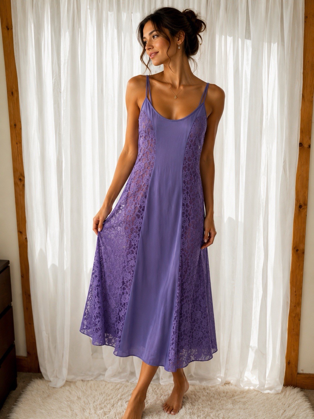 Vintage Lavender Lace Full Slip Silky Maxi Nightgown Storybook Romance Size M