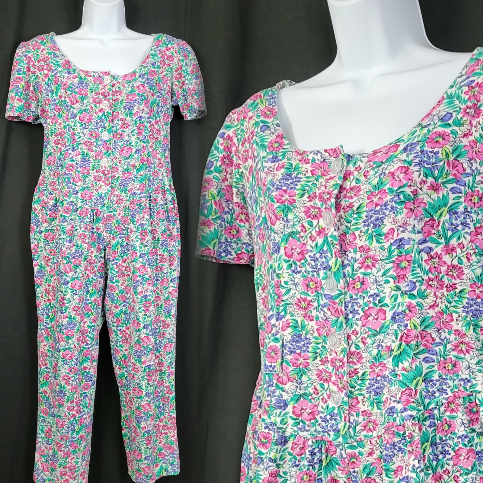 Vintage White/Pink/Purple/Green Floral Jumpsuit w Drop Waist Size Med?