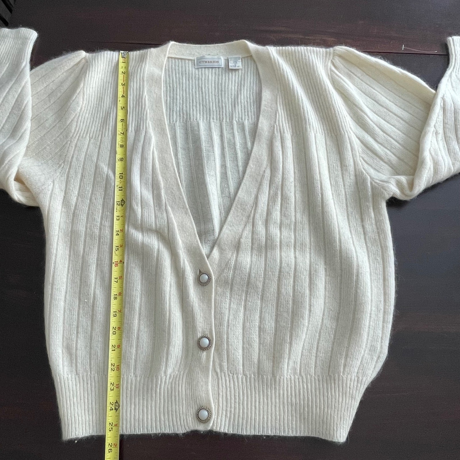 Cymbrion Vintage Angora Lambswool Ribbed Cardigan Cream Puff Sleeve Large
