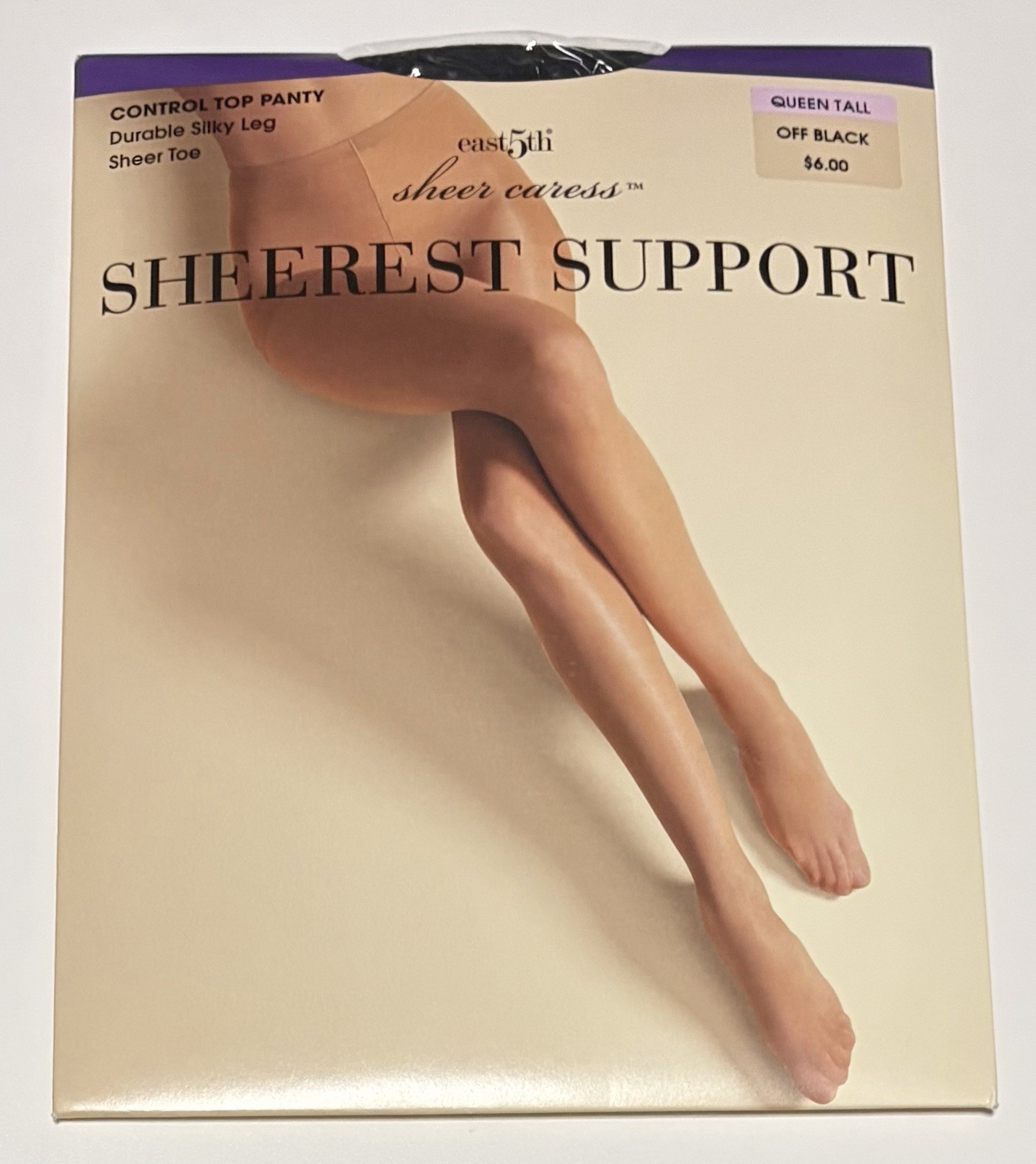 Vintage JC PENNEY Sheerest Support Off Blk PANTYHOSE Size Queen Tall Control Top