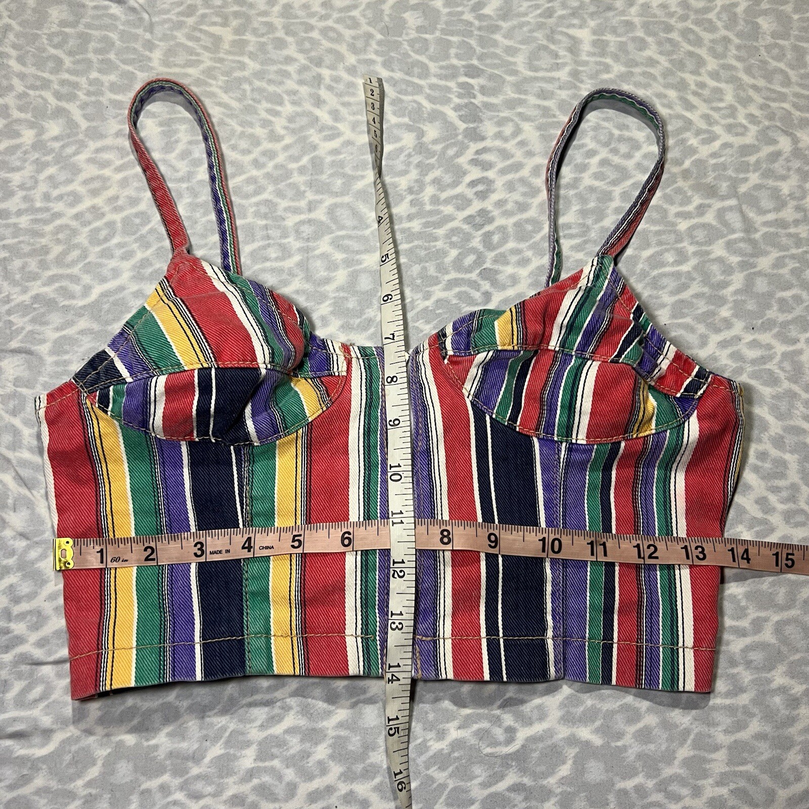 80s/90s Vintage Jackpot Blue Jean Denim Bustier Cropped Zip Up Striped Small 3