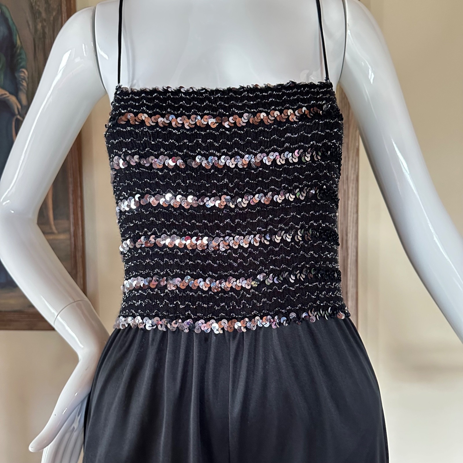Vintage 70s Studio 54 Disco Mob Wife Tube Top Jumpsuit Black & Silver Lurex M/L