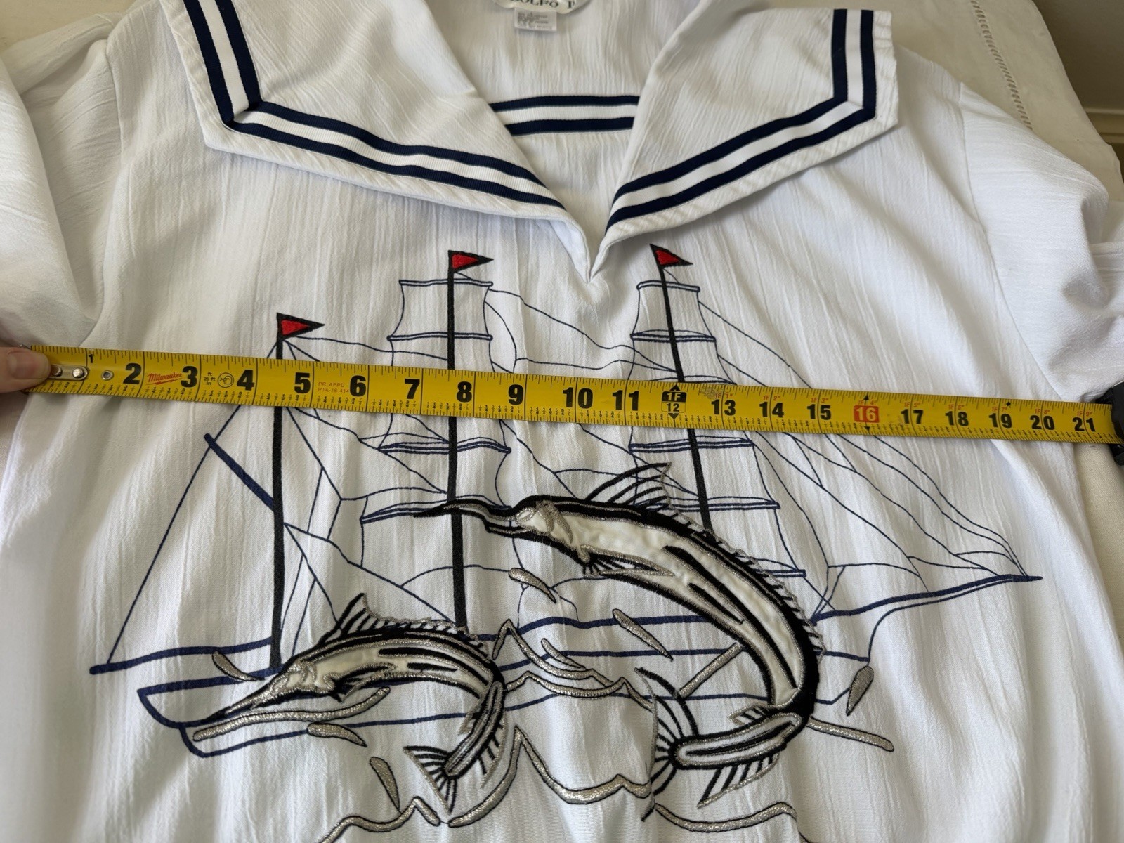 Vintage 80 Embroidered Adolfo Nautical Sailor Sail Boat Swordfish Marlin Top L