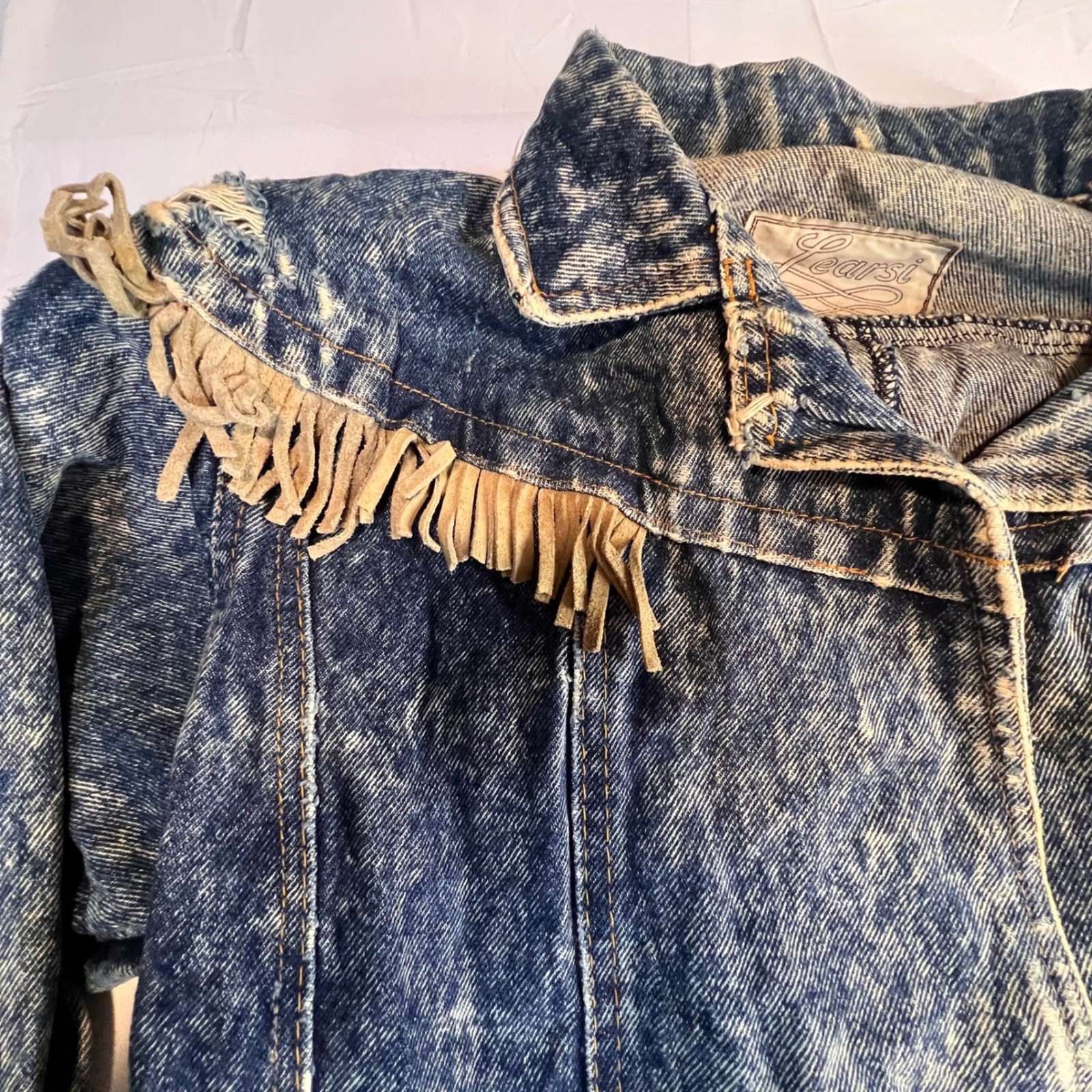 Learsi S Acid Wash Denim Jean Jacket Blue Fringe LaceUp Western 80s Retro Grunge