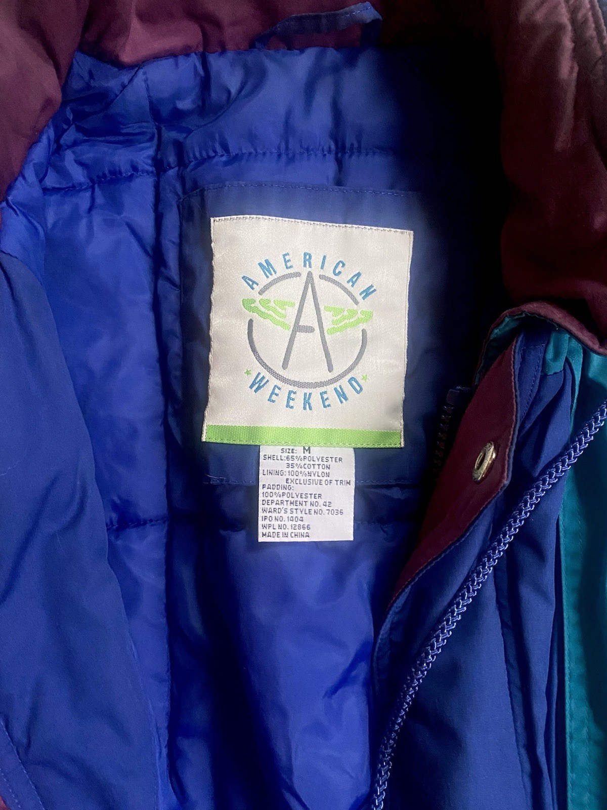 American Weekend Vintage 80s Colorblock Ski Jacket Blue Pink Nylon Lining