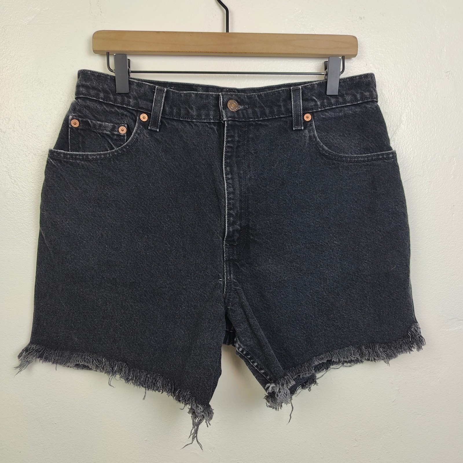 Vintage 90s Levi’s 551 Shorts Womens 14 Black High Waisted Frayed Hem Grunge