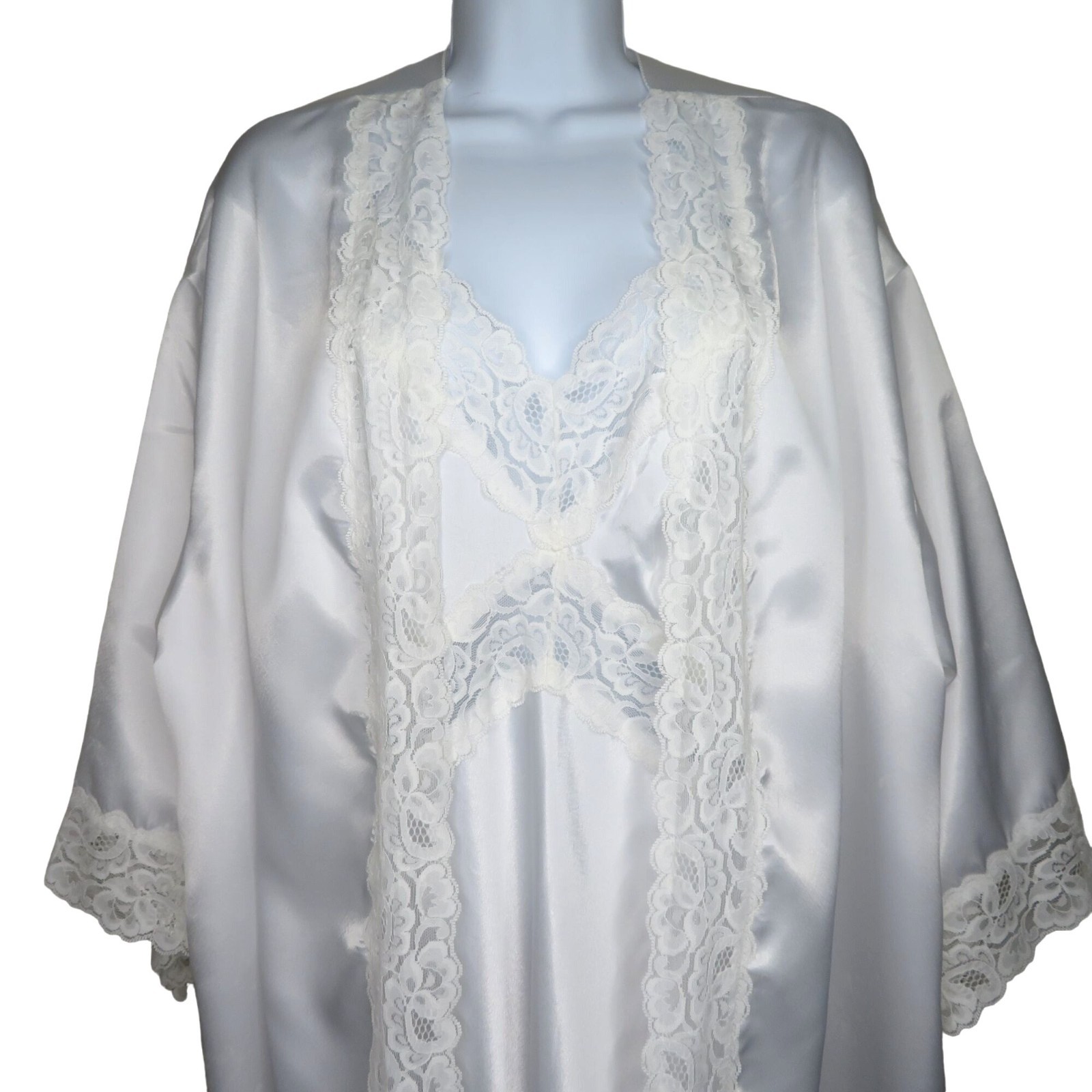 Vintage White Lace Satin Slip Nightgown Robe Peignoir Set Wedding Honeymoon