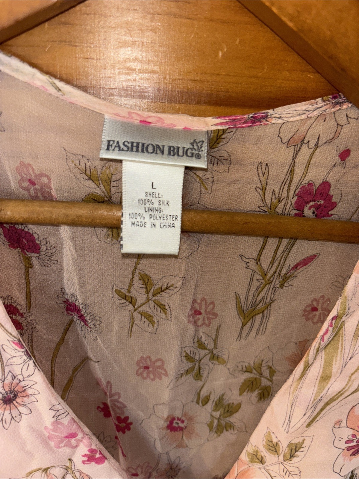 Vintage Silk Sheer Pink & Floral top Sz L Faux Pink Pearl Buttons Cap Sleeve