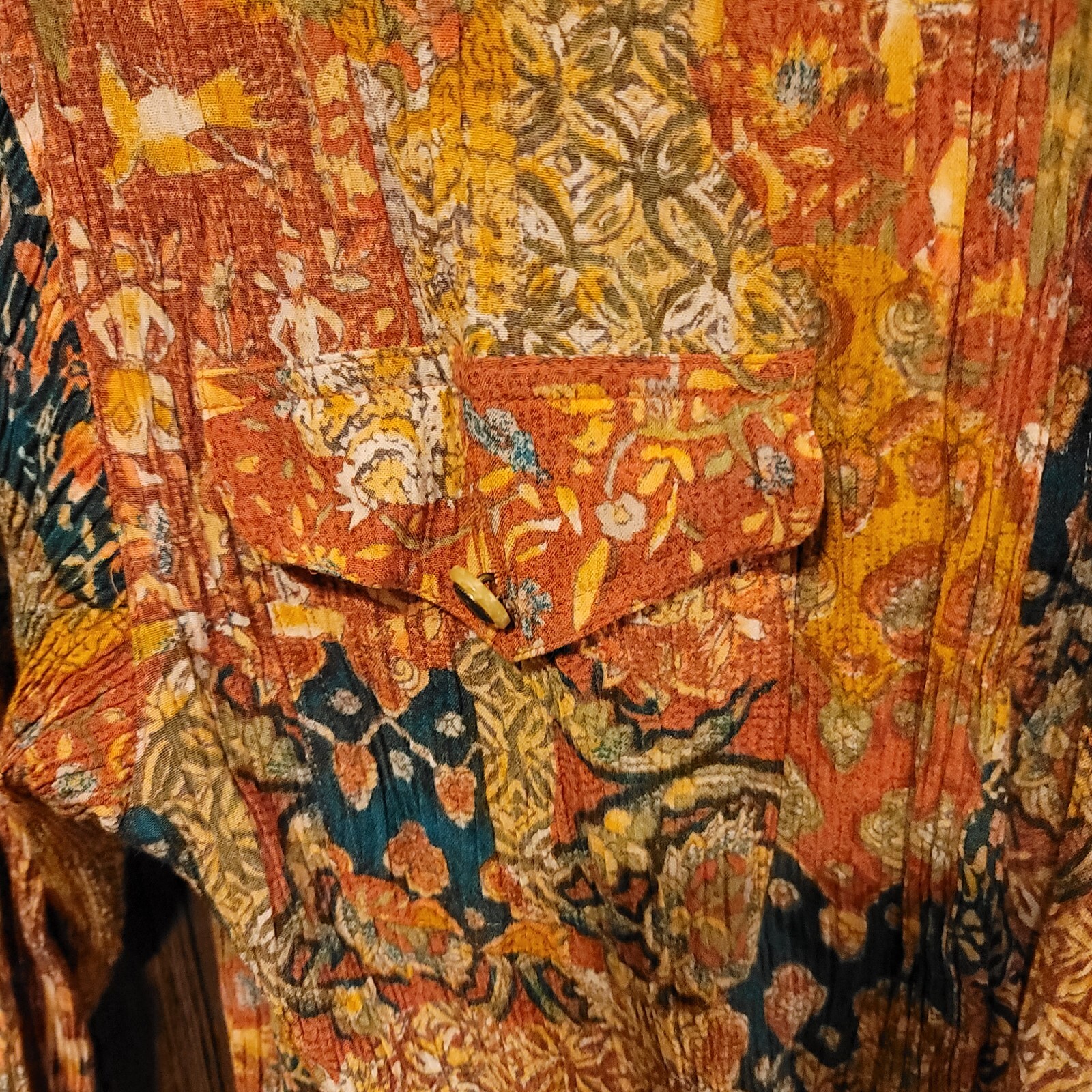 Vintage Sk & Company Blouse Rayon Wrinkle Look Drawstring Button Up Long Sleeve