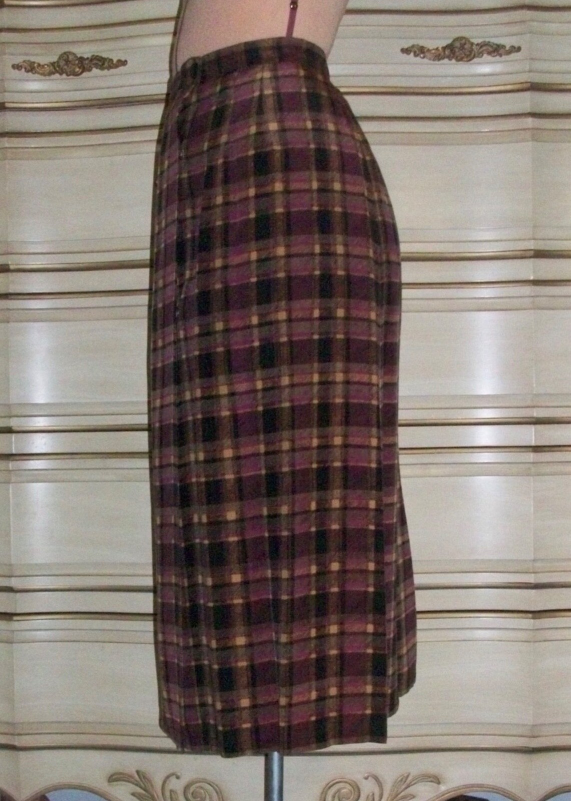 Vintage 1980s CIAO 2 Piece Tan Plum Black Plaid Fine Silk Wrap Skirt Blouse S/XS