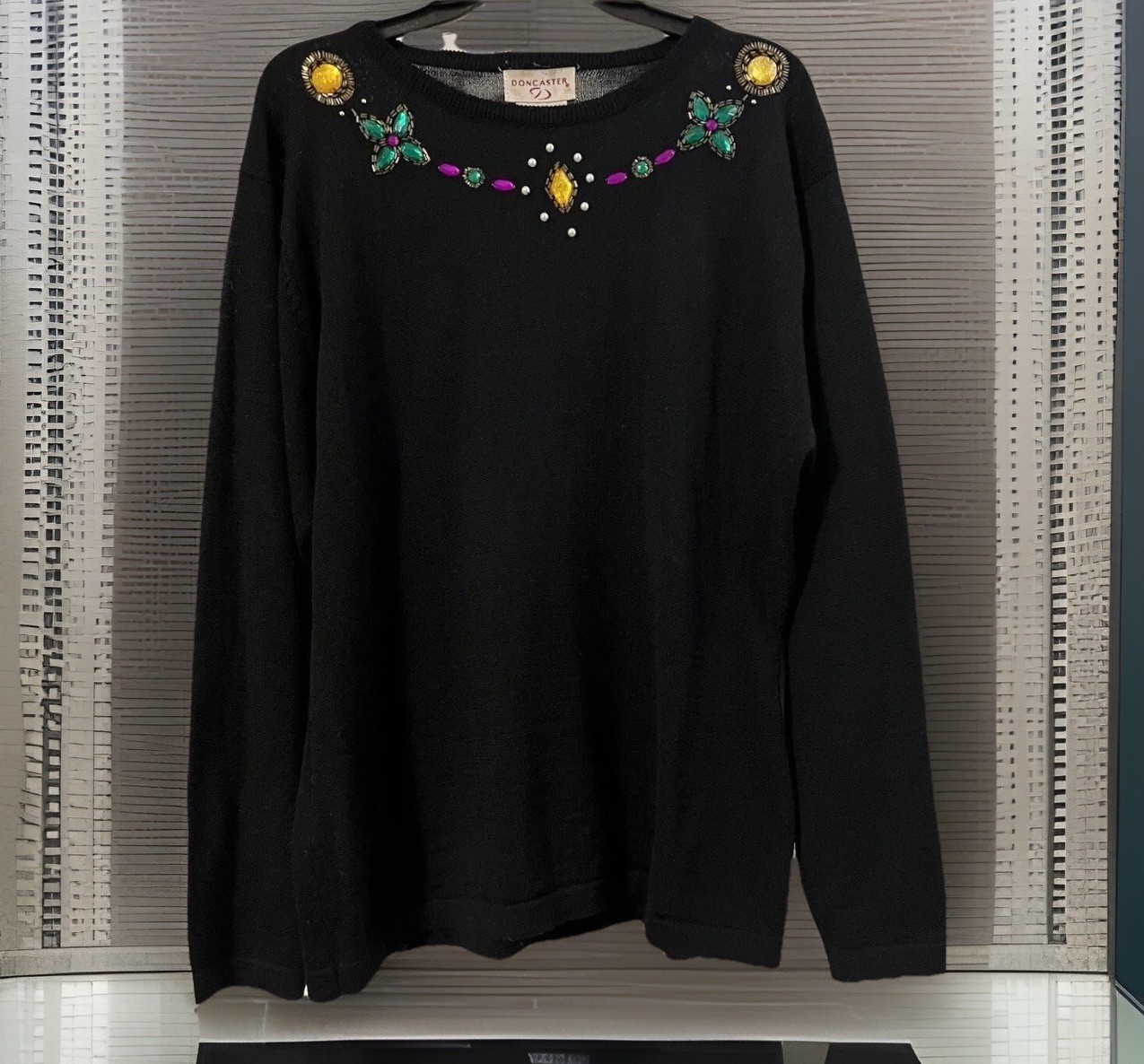 VTG Doncaster Sweater Women LG Black Bedazzled Neckline Wool Blend Castlecore