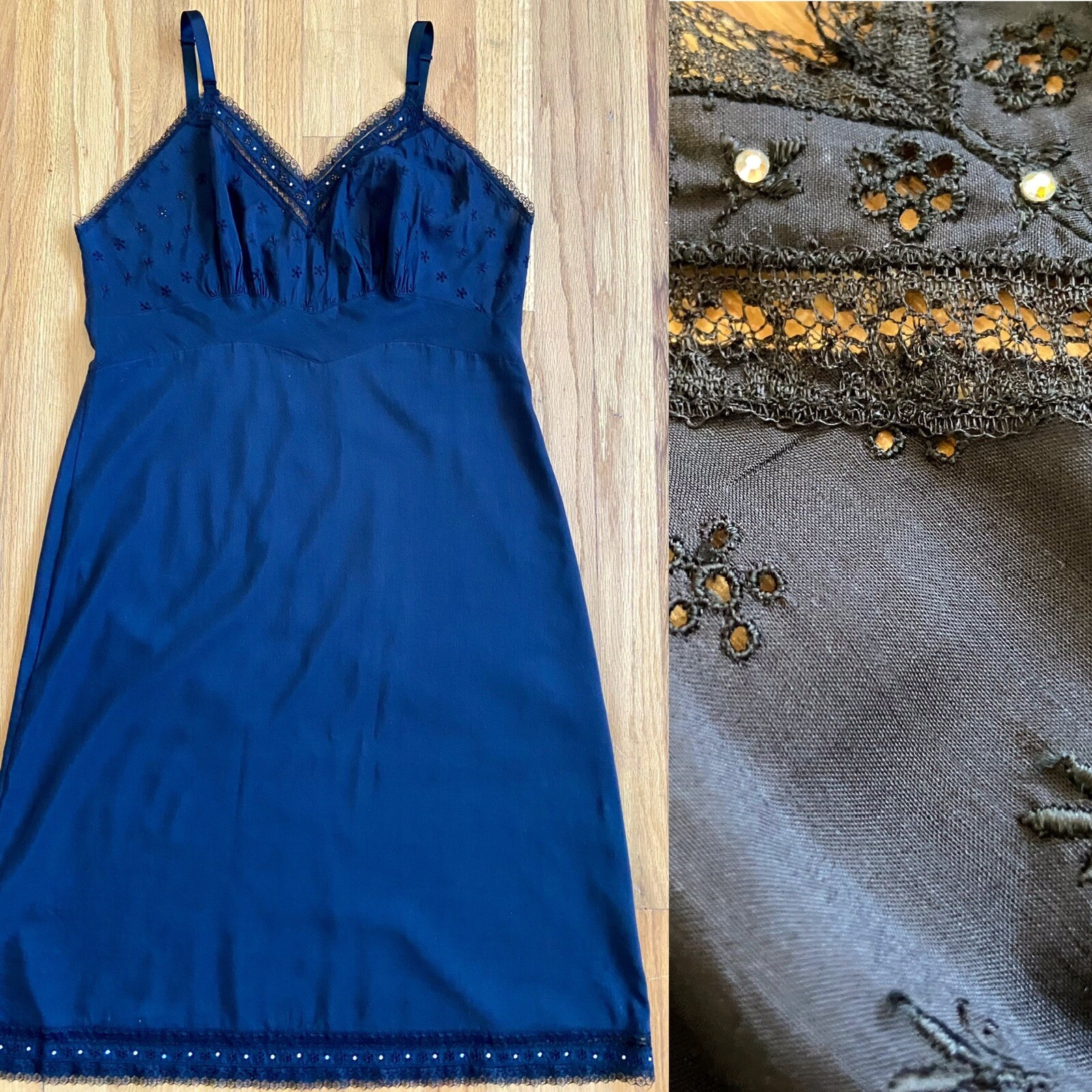 Vintage Embellished Dress Slip *Size 38* MILLAY Black Embroidered Eyelet 60s Sli