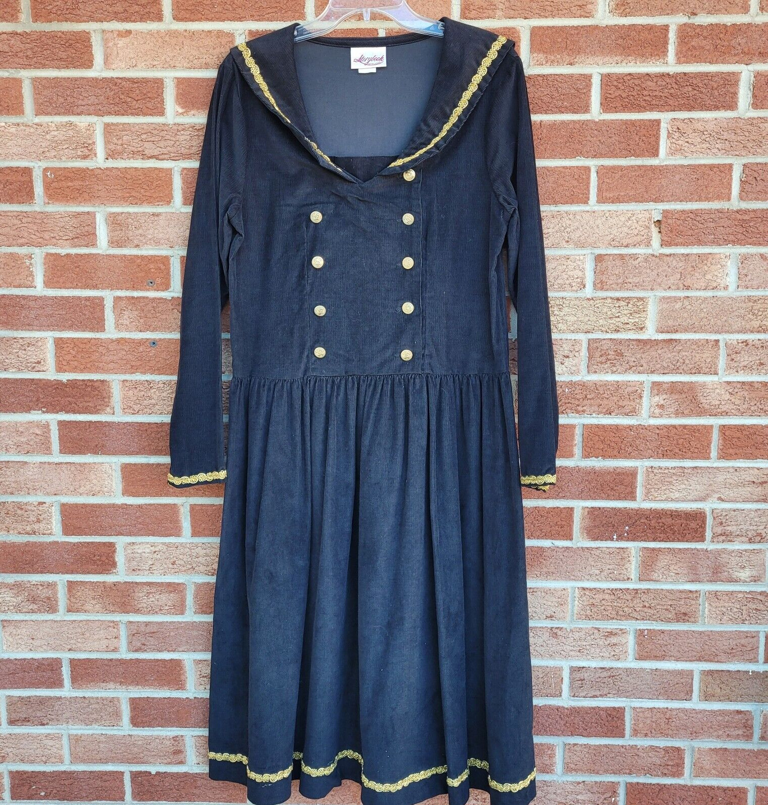 Vintage Storybook Heirlooms Black Corduroy Sailor Dress Women’s Sz 12 Gold Trim